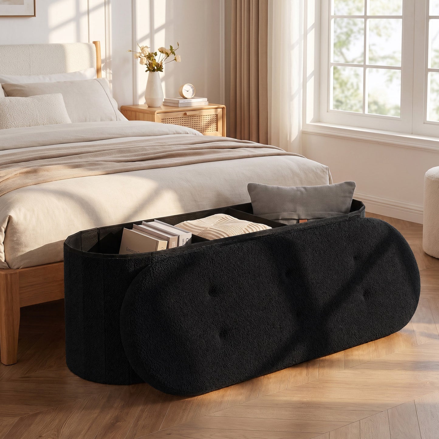 Pouf coffre de rangement Teddy pliable avec séparateurs, 43", noir