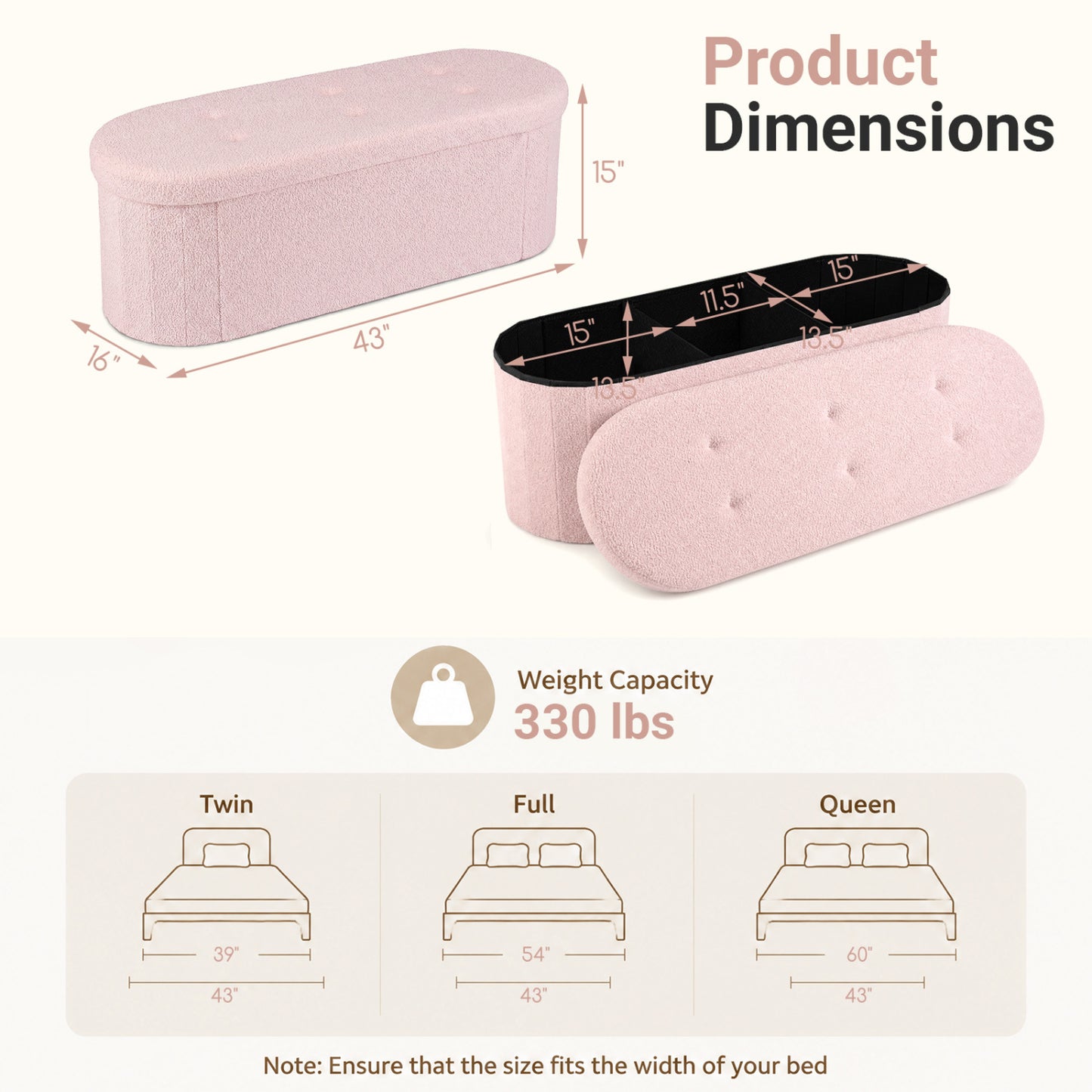 Banco de rangement pliable Teddy avec séparateurs, 43", rose