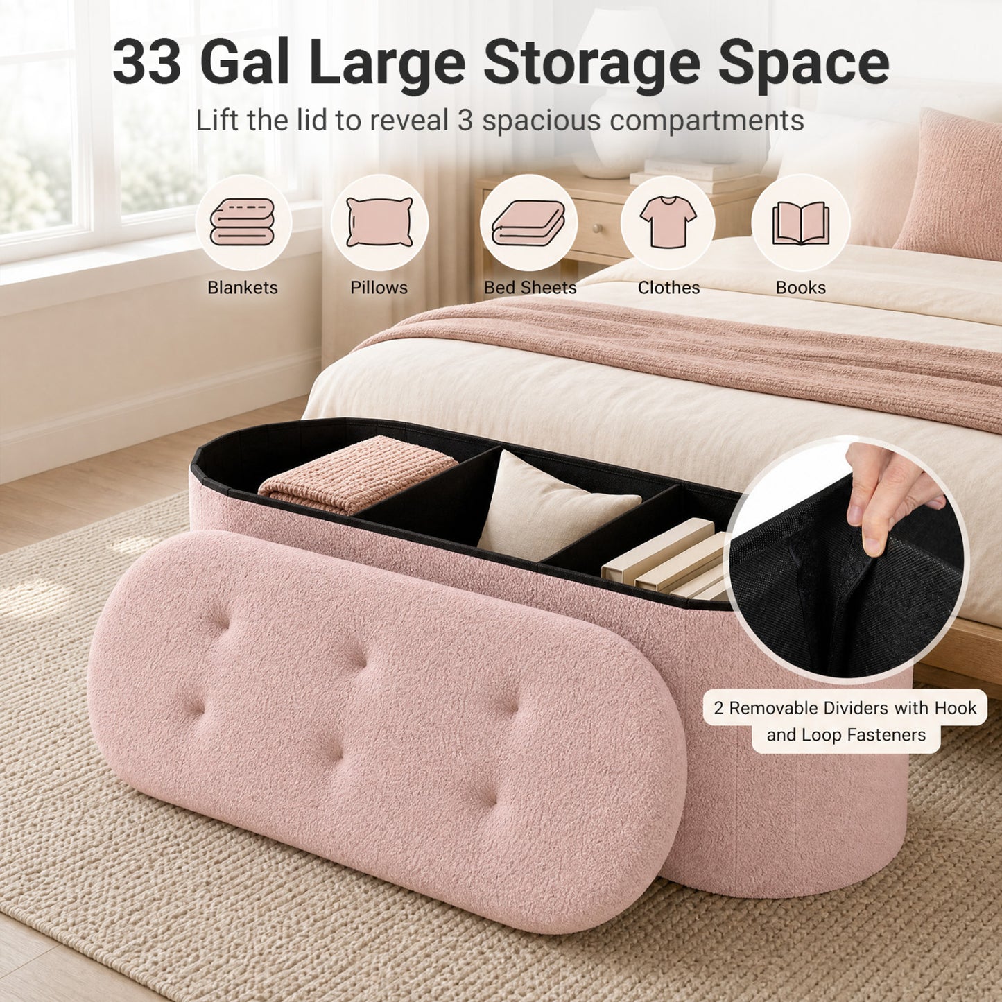 Banco de rangement pliable Teddy avec séparateurs, 43", rose