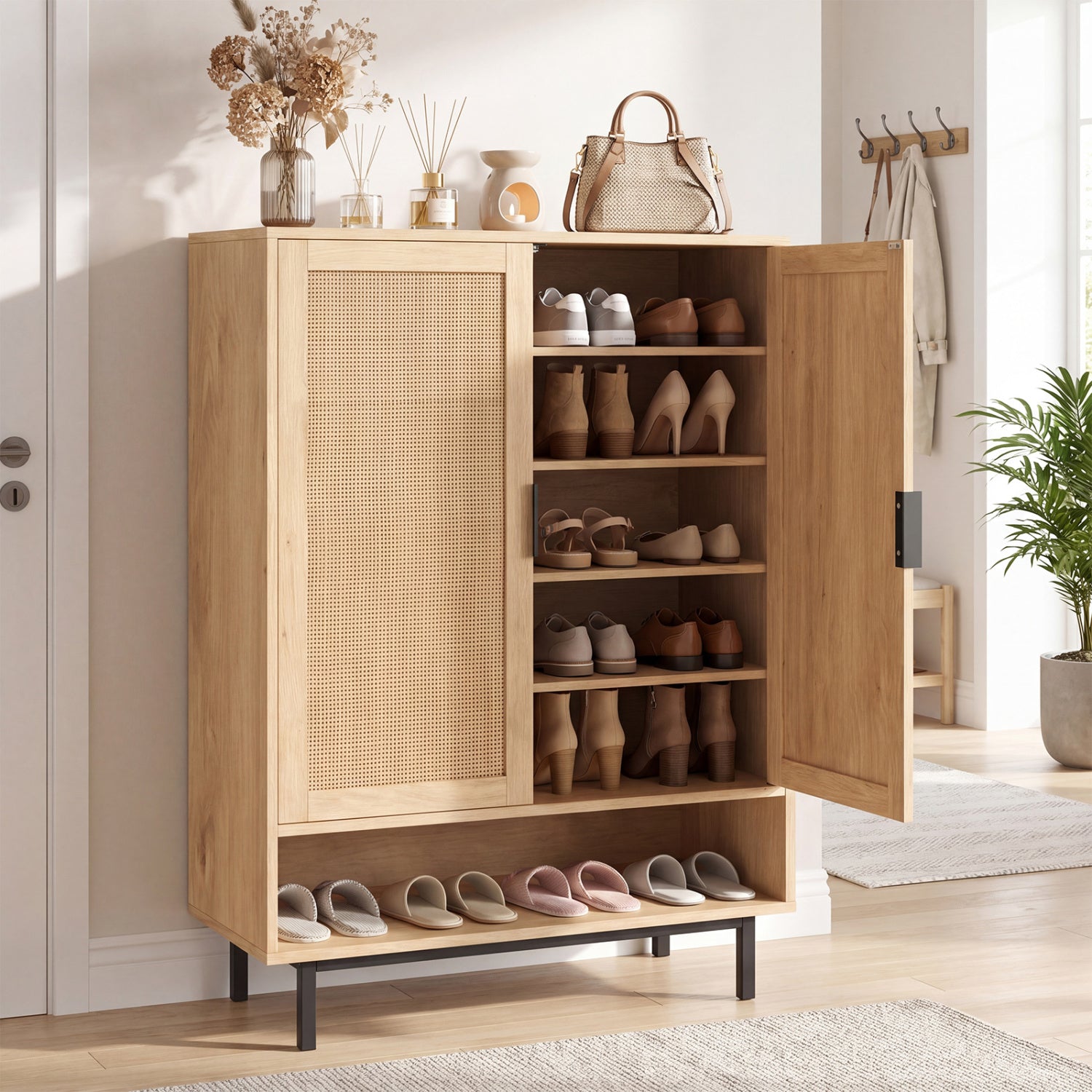 43 Inch 6-Tier Tall Shoe Cabinet with Double Doors, Natural Shoe Racks & Storage Benches at Gallery Canada
