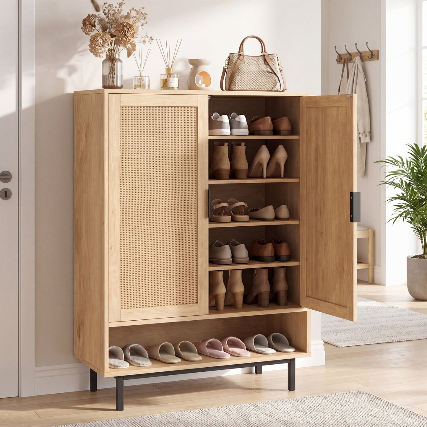 43 Inch 6-Tier Tall Shoe Cabinet with Double Doors, Natural Shoe Racks & Storage Benches at Gallery Canada