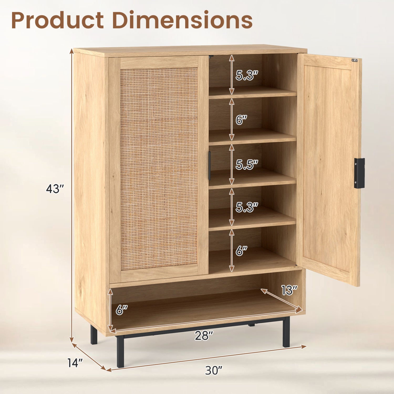 43 Inch 6-Tier Tall Shoe Cabinet with Double Doors, Natural Shoe Racks & Storage Benches at Gallery Canada