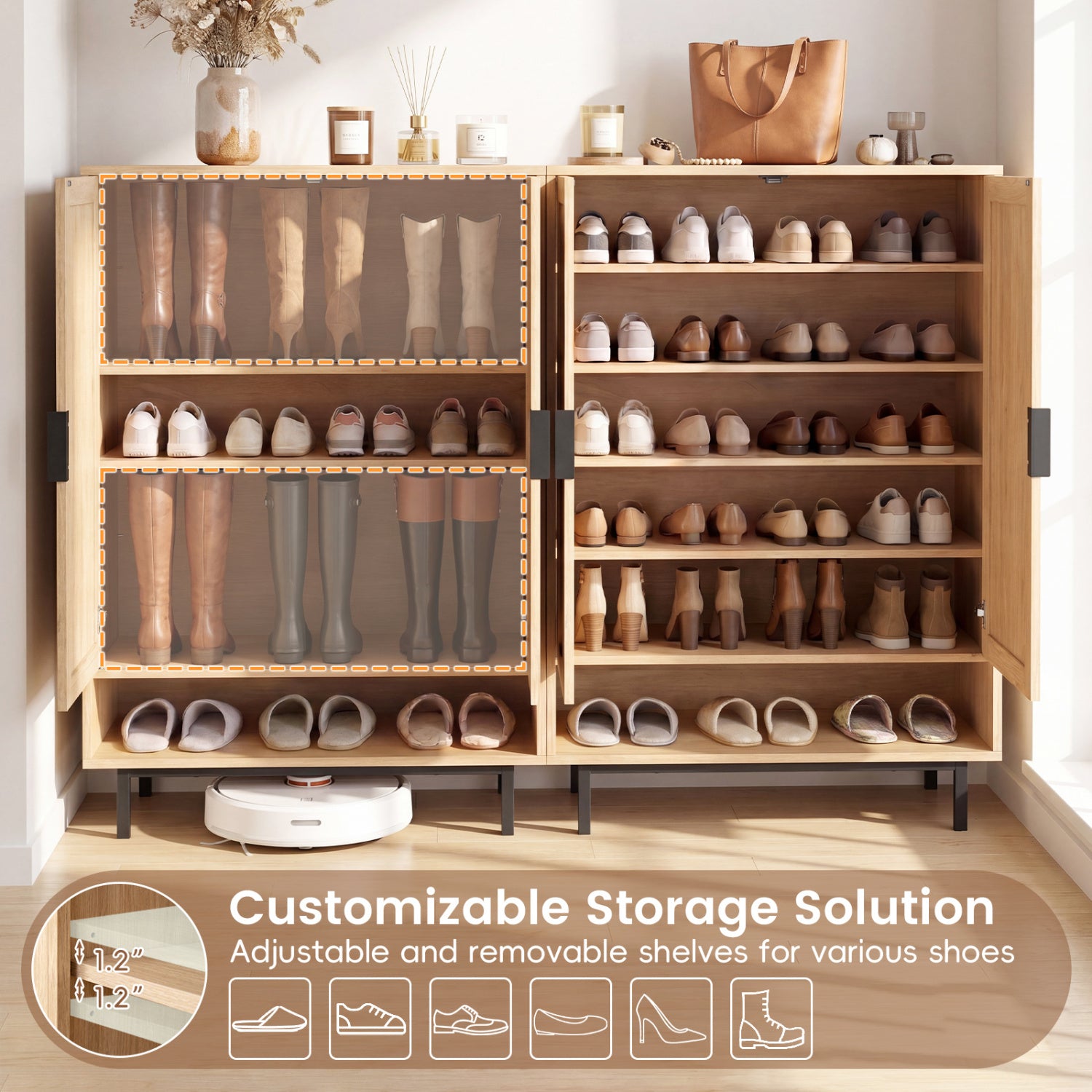 43 Inch 6-Tier Tall Shoe Cabinet with Double Doors, Natural Shoe Racks & Storage Benches at Gallery Canada