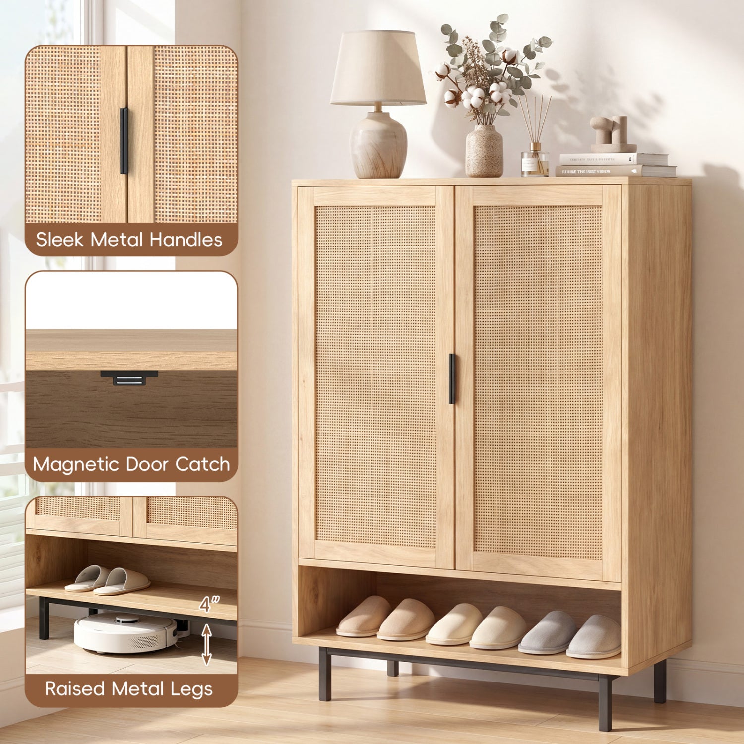 43 Inch 6-Tier Tall Shoe Cabinet with Double Doors, Natural Shoe Racks & Storage Benches at Gallery Canada