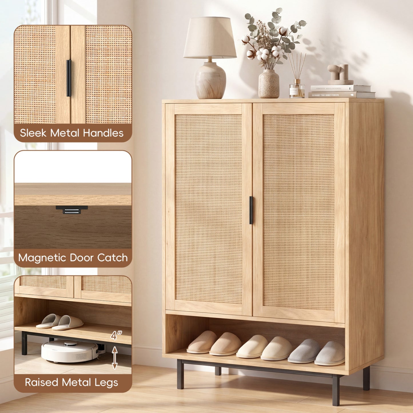 43 Inch 6-Tier Tall Shoe Cabinet with Double Doors, Natural Shoe Racks & Storage Benches at Gallery Canada
