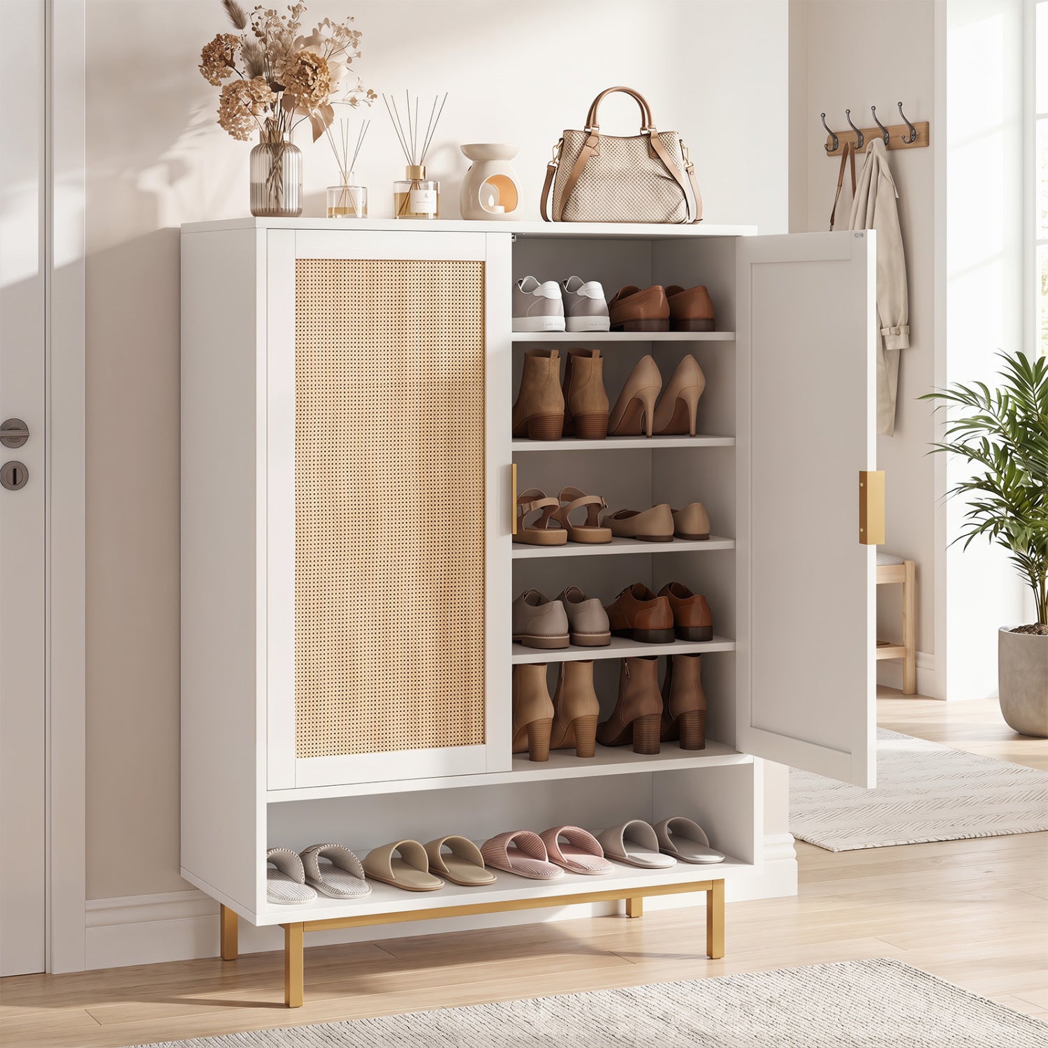 43 Inch 6-Tier Tall Shoe Cabinet with Double Doors, White Shoe Racks & Storage Benches at Gallery Canada