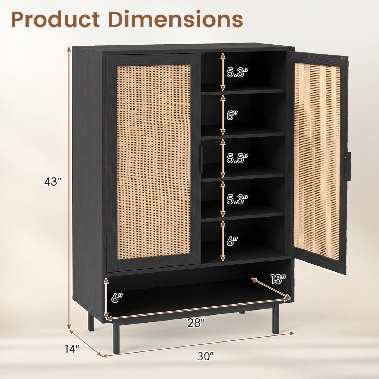 43 Inch 6-Tier Tall Shoe Cabinet, Black
