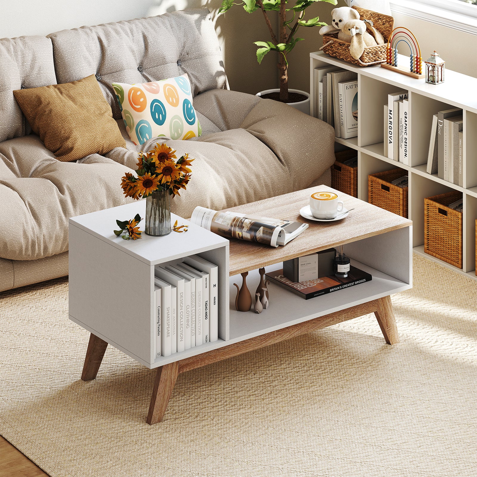 43 Inch Coffee Table with Stepped Tabletop and Storage Compartments, White Coffee Tables at Gallery Canada
