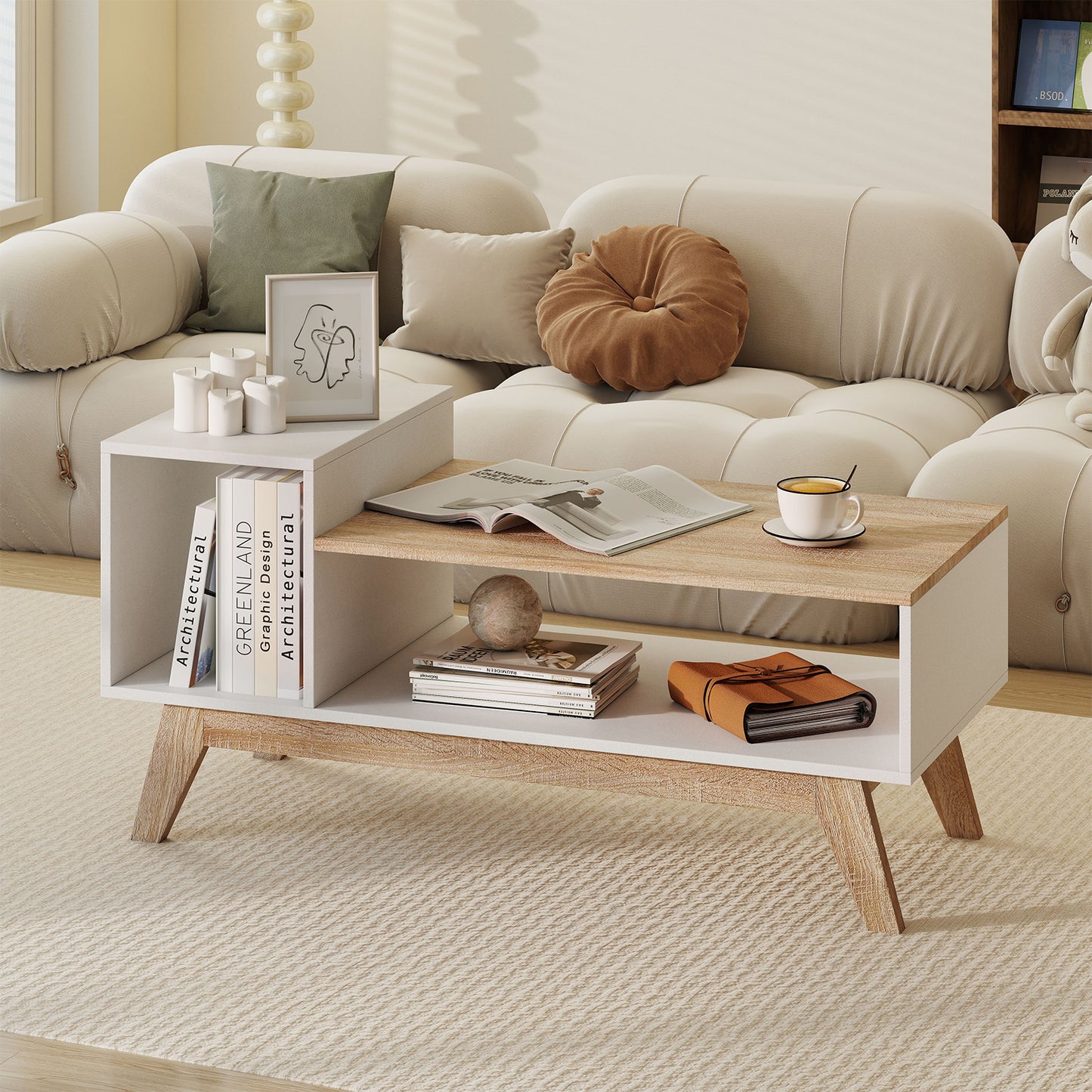 43 Inch Coffee Table with Stepped Tabletop and Storage Compartments, White Coffee Tables at Gallery Canada