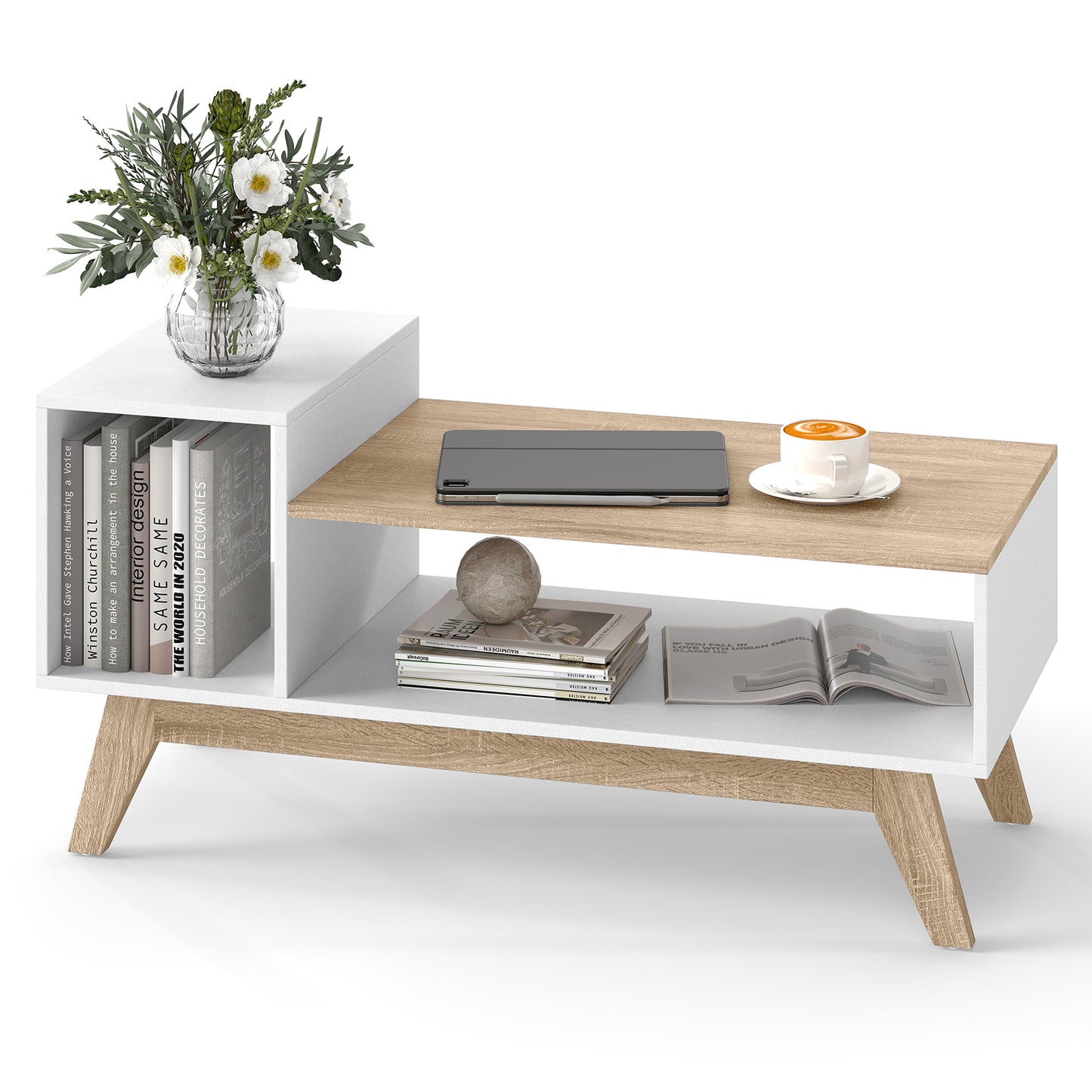 43 Inch Coffee Table, Stepped Tabletop, Storage Compartments, White Coffee Tables White at Gallery Canada