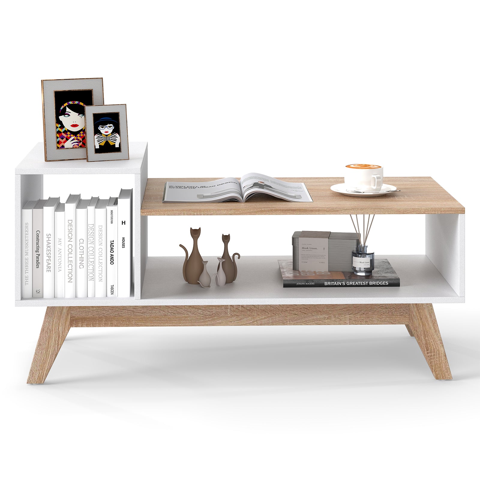 43 Inch Coffee Table with Stepped Tabletop and Storage Compartments, White Coffee Tables at Gallery Canada