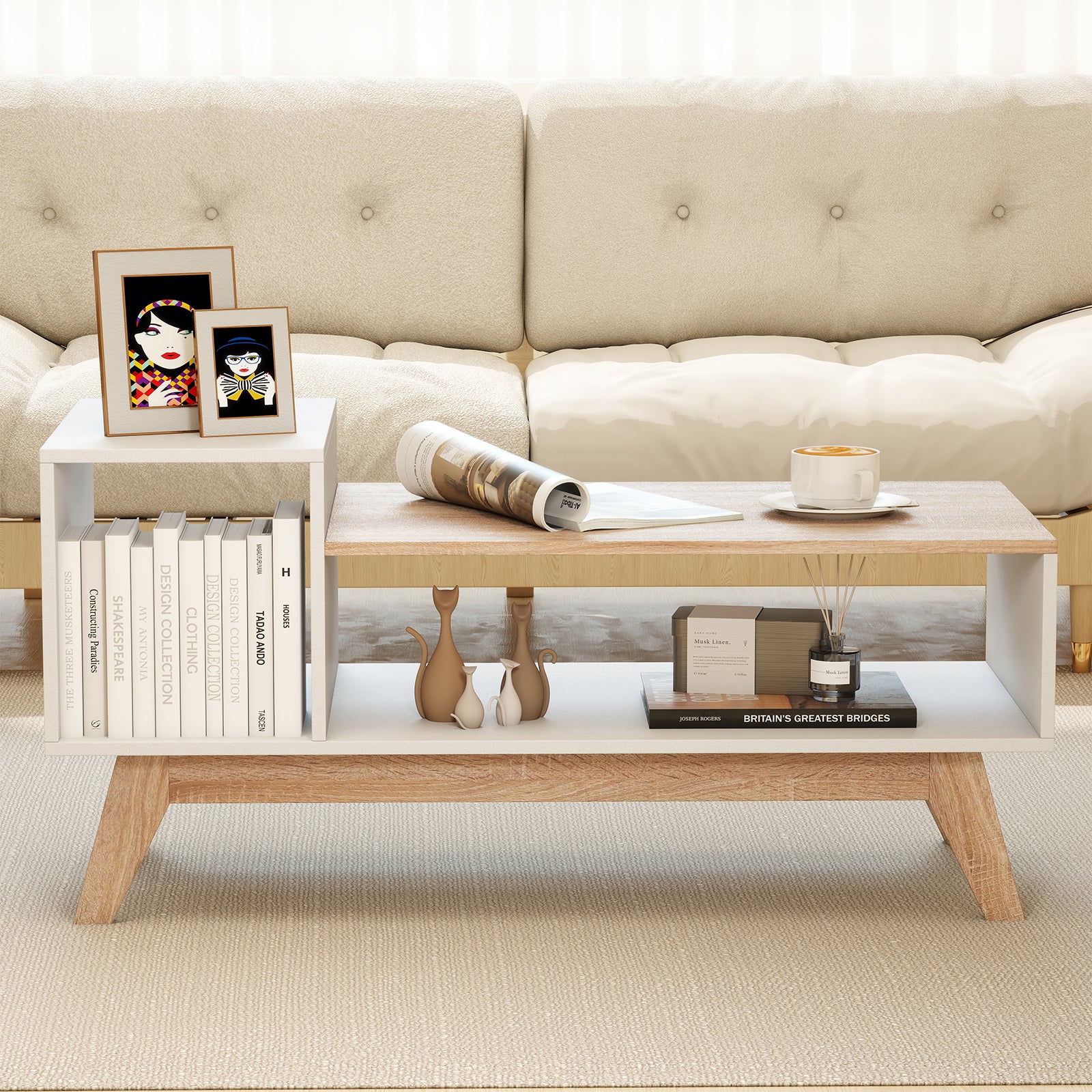 43 Inch Coffee Table with Stepped Tabletop and Storage Compartments, White Coffee Tables at Gallery Canada