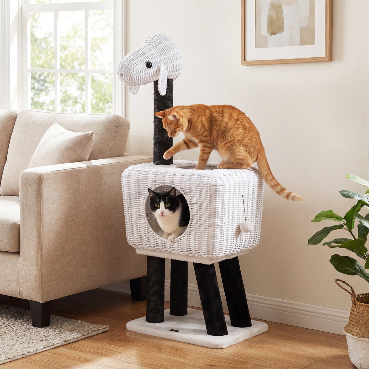 43-Inch Lamb-Shaped Cat Tower, 2-Door Rattan Condo, White Cat Trees Condos & Scratchers at Gallery Canada