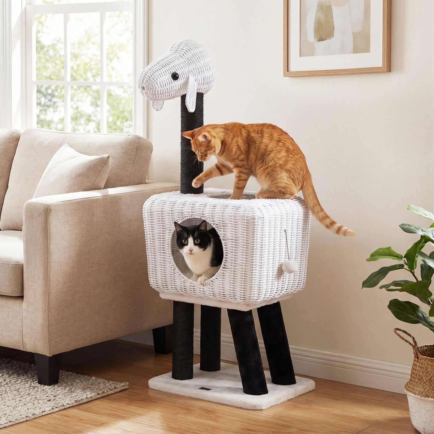 43-Inch Lamb-Shaped Cat Tower, 2-Door Rattan Condo, White Cat Trees Condos & Scratchers at Gallery Canada