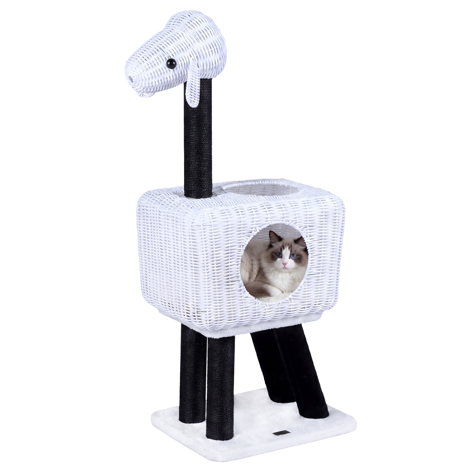 43-Inch Lamb-Shaped Cat Tower, 2-Door Rattan Condo, White Cat Trees Condos & Scratchers at Gallery Canada