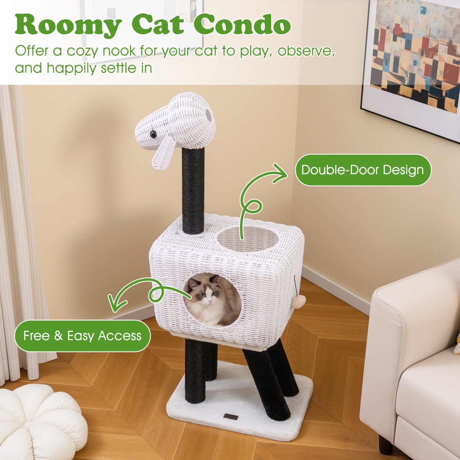 43-Inch Lamb-Shaped Cat Tower, 2-Door Rattan Condo, White Cat Trees Condos & Scratchers at Gallery Canada