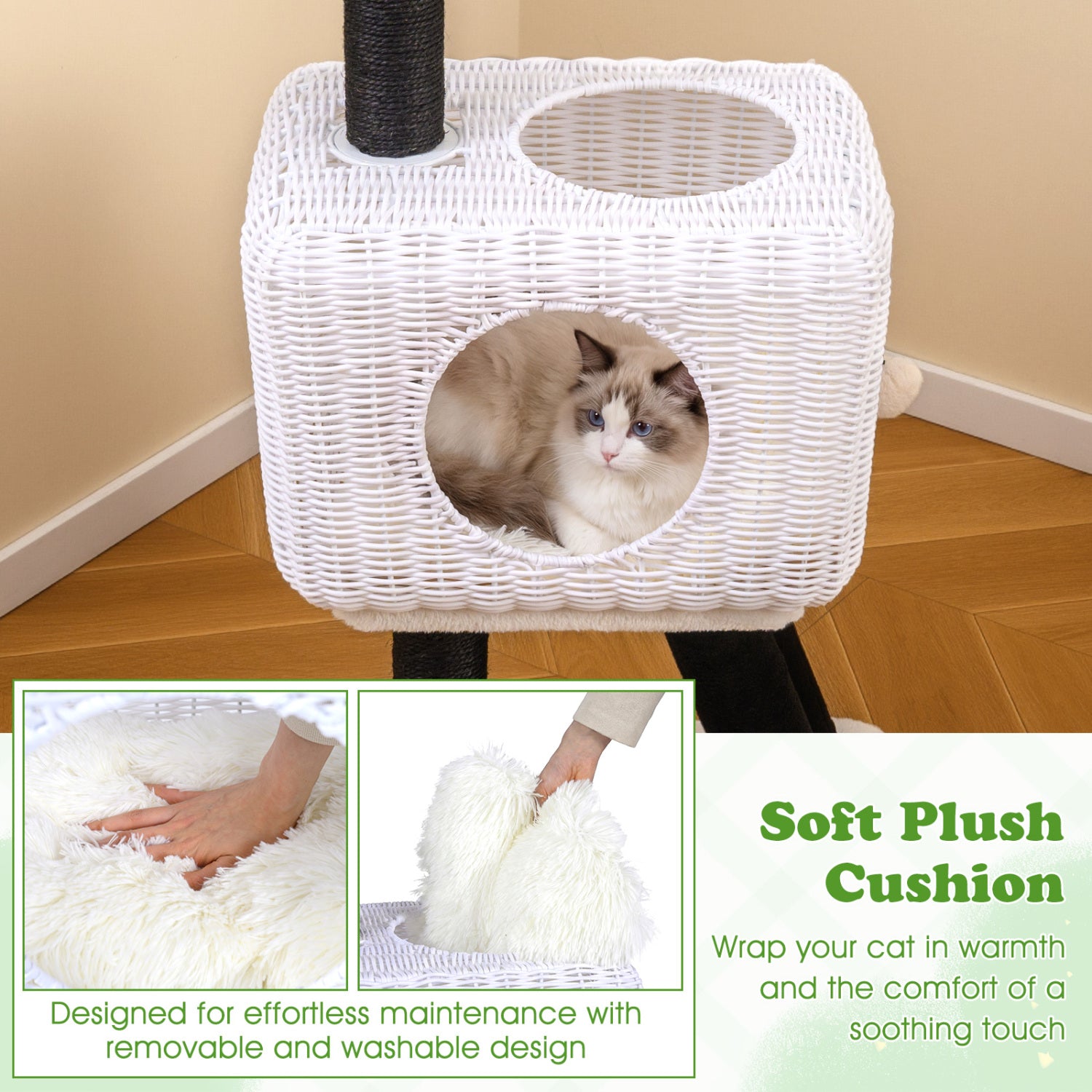 43-Inch Lamb-Shaped Cat Tower, 2-Door Rattan Condo, White Cat Trees Condos & Scratchers at Gallery Canada