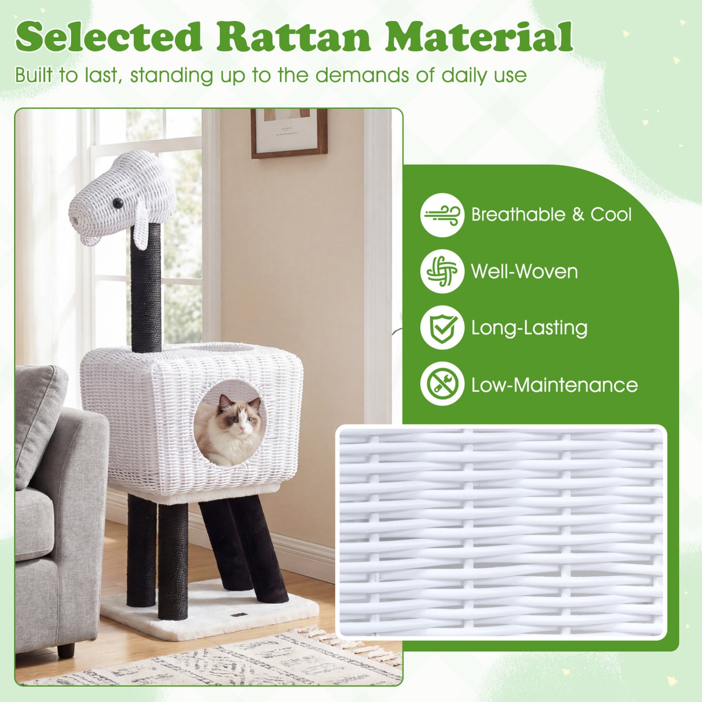 43-Inch Lamb-Shaped Cat Tower, 2-Door Rattan Condo, White Cat Trees Condos & Scratchers at Gallery Canada