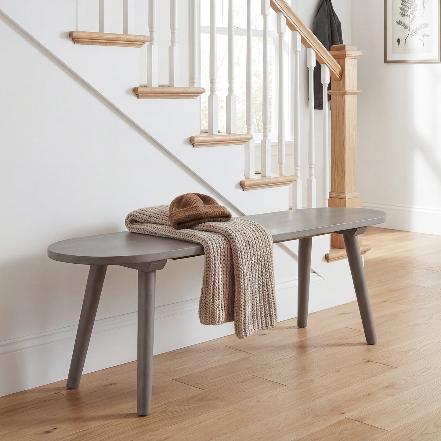 43 Inch Solid Wood Farmhouse Dining Bench Rustic Wooden Entryway Bench with Rubber Wood Legs, Gray