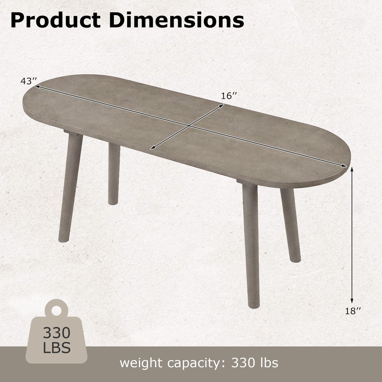 43 Inch Solid Wood Farmhouse Dining Bench Rustic Wooden Entryway Bench with Rubber Wood Legs, Gray
