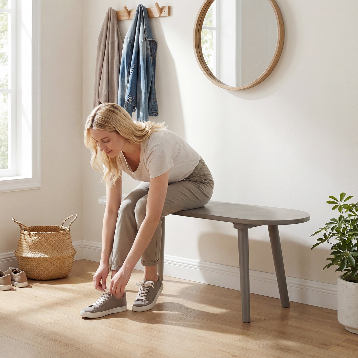 43 Inch Solid Wood Farmhouse Dining Bench Rustic Wooden Entryway Bench with Rubber Wood Legs, Gray