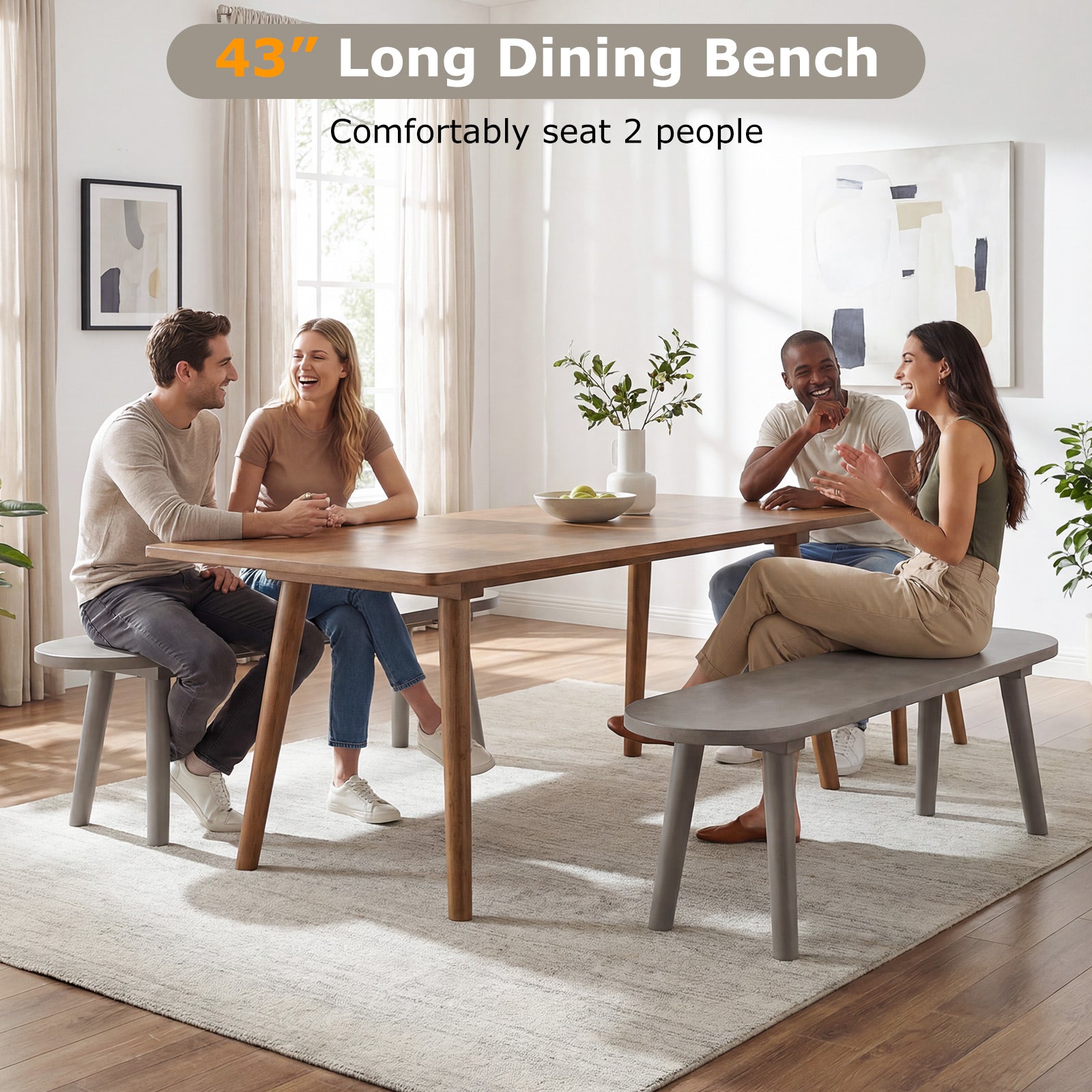 43 Inch Solid Wood Farmhouse Dining Bench Rustic Wooden Entryway Bench with Rubber Wood Legs, Gray Dining Chairs at Gallery Canada
