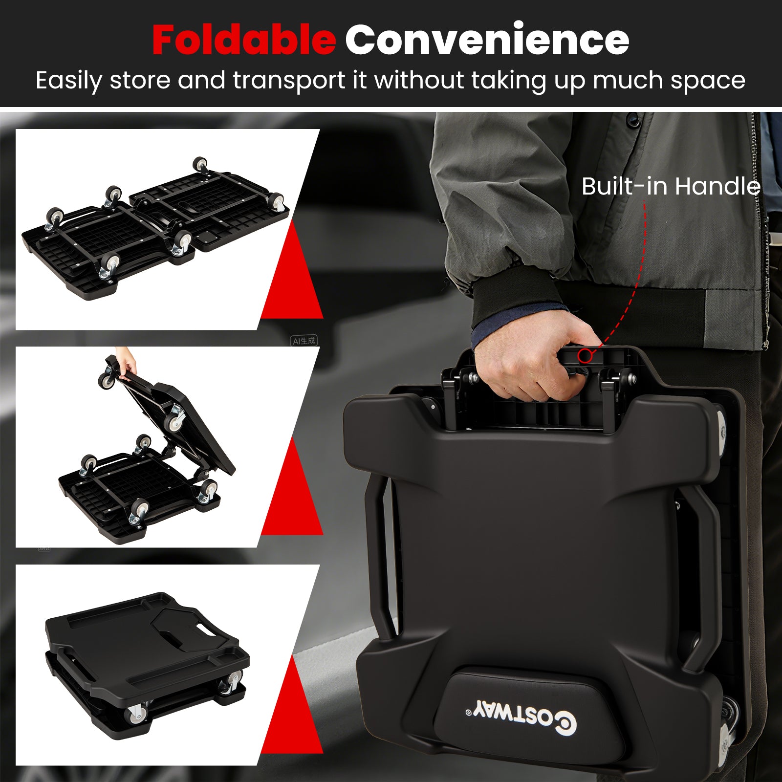 43 Inches Foldable Mechanic Creeper with Padded Headrest and Tool Trays-BK, Black Garages at Gallery Canada