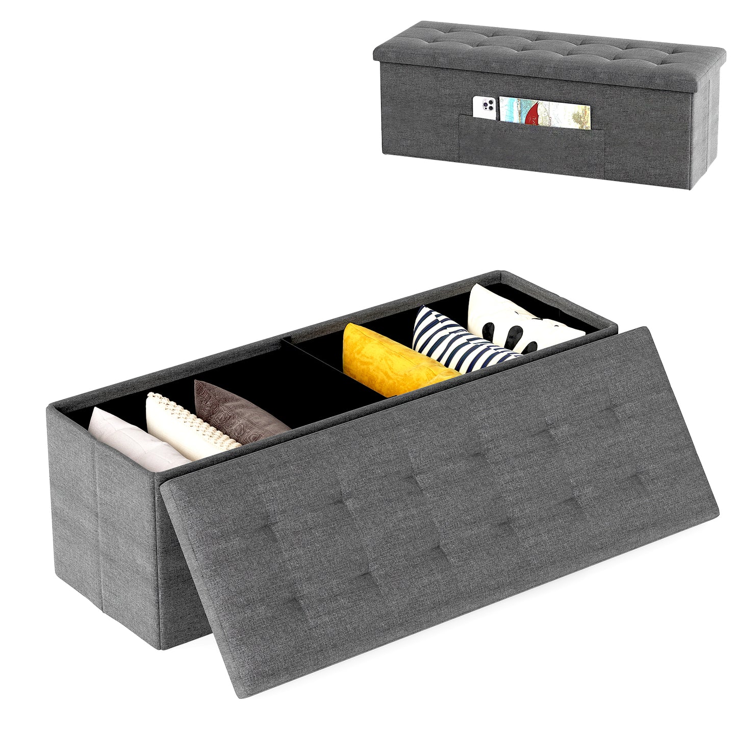 43 Inches Folding Storage Ottoman Bench Linen End of Bed Bench with Padded Seat, Dark Gray Shoe Racks & Storage Benches Dark Gray at Gallery Canada