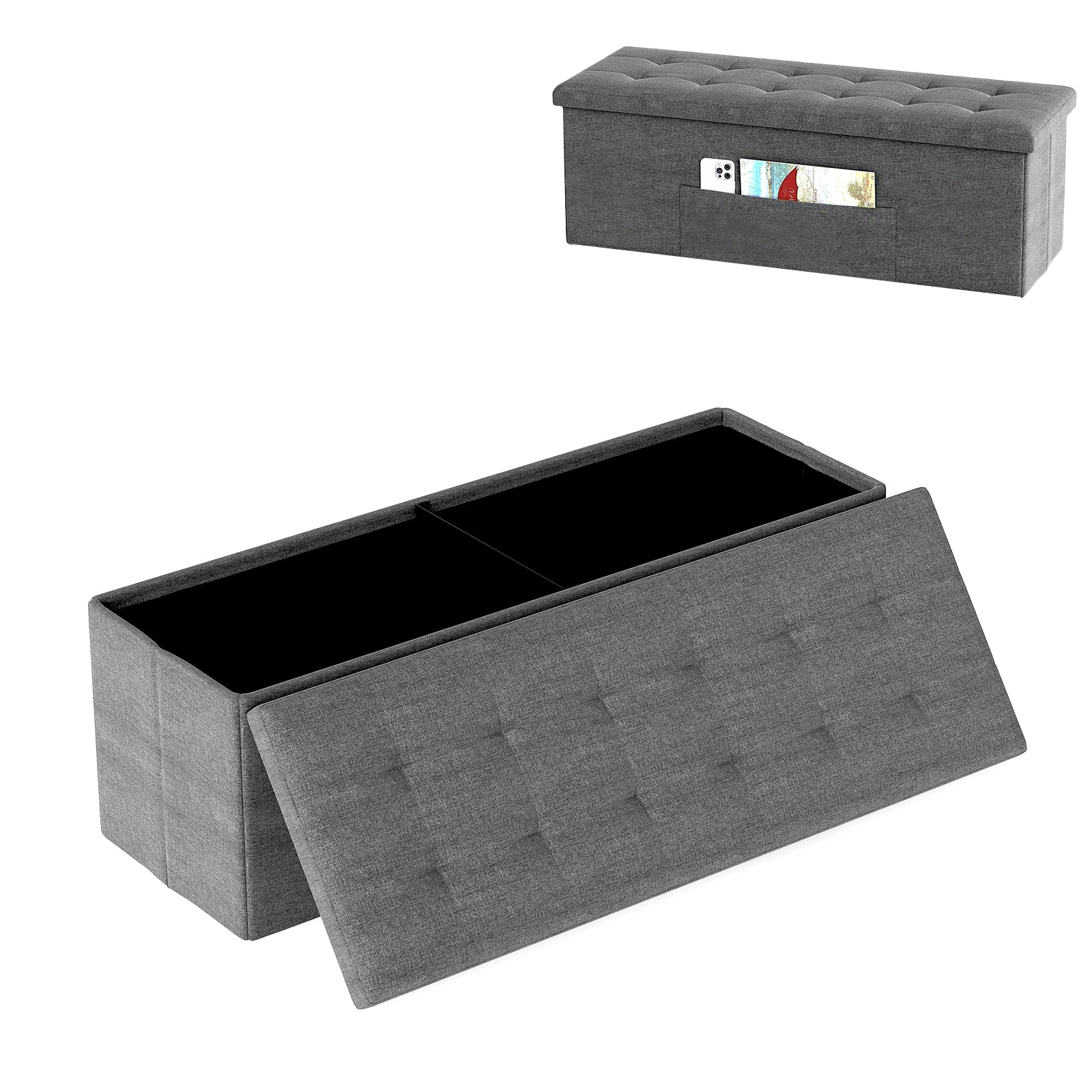 43 Inches Folding Storage Ottoman Bench Linen End of Bed Bench with Padded Seat, Dark Gray Shoe Racks & Storage Benches at Gallery Canada
