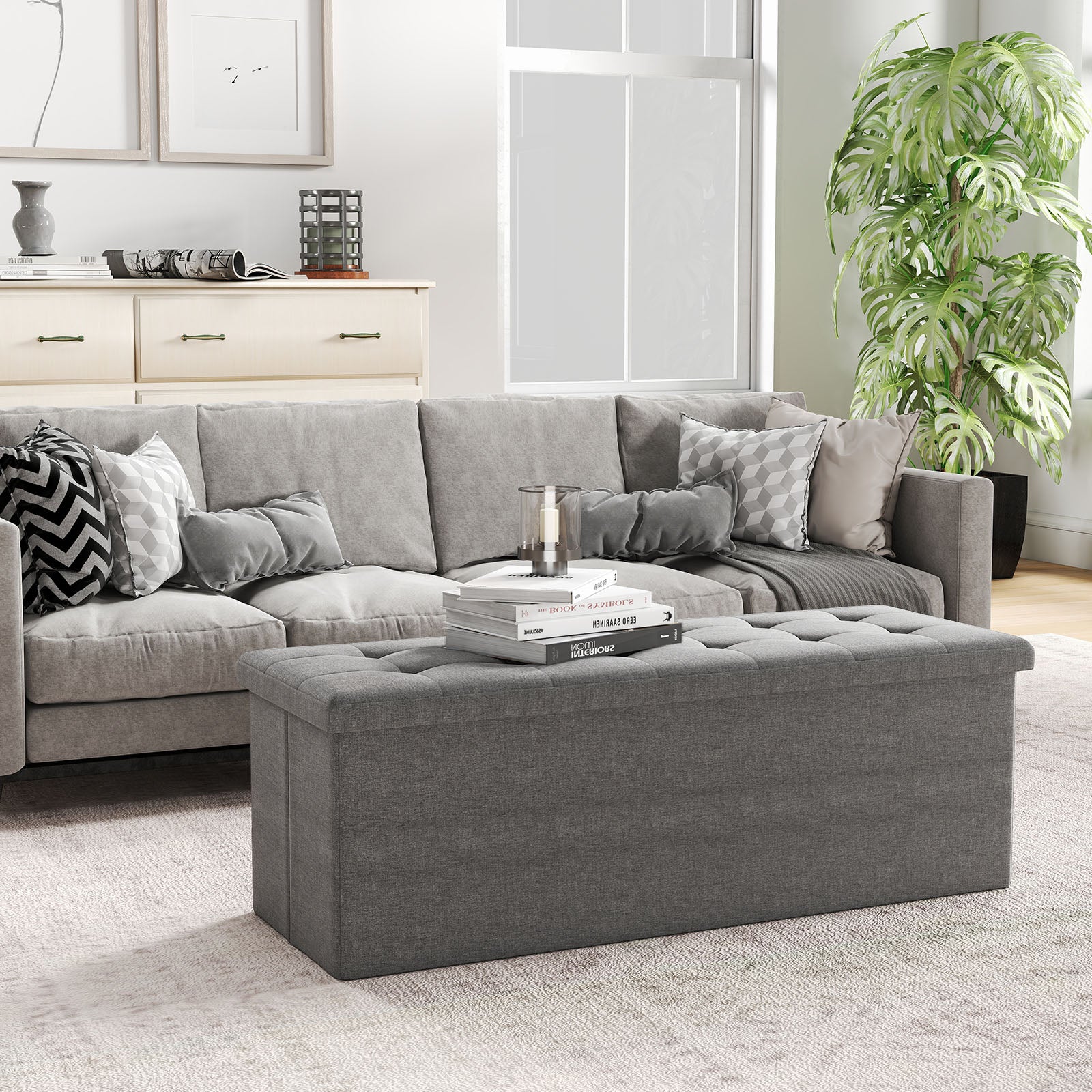 43 Inches Folding Storage Ottoman Bench Linen End of Bed Bench with Padded Seat, Dark Gray Shoe Racks & Storage Benches at Gallery Canada