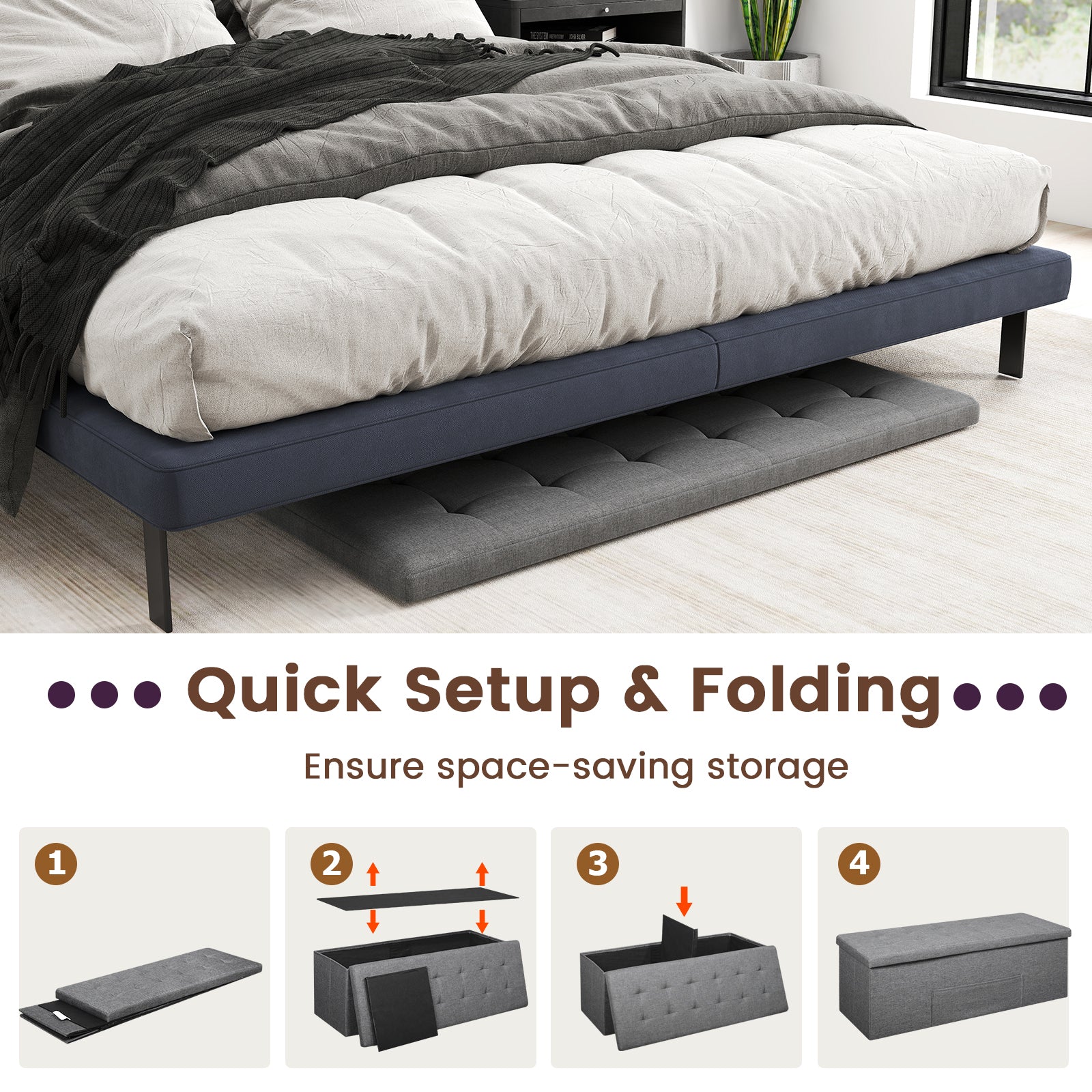 43 Inches Folding Storage Ottoman Bench Linen End of Bed Bench with Padded Seat, Dark Gray Shoe Racks & Storage Benches at Gallery Canada