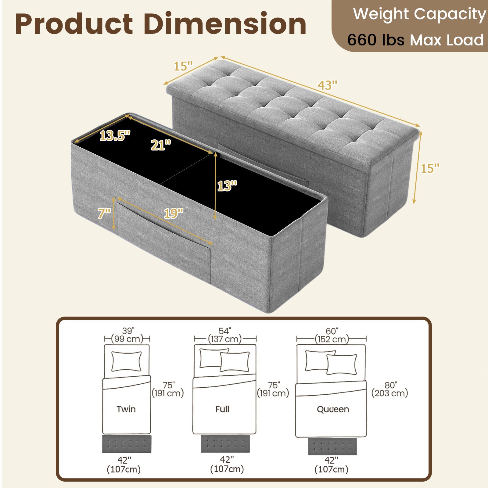 43 Inches Folding Storage Ottoman Bench Linen End of Bed Bench with Padded Seat, Light Gray Shoe Racks & Storage Benches at Gallery Canada