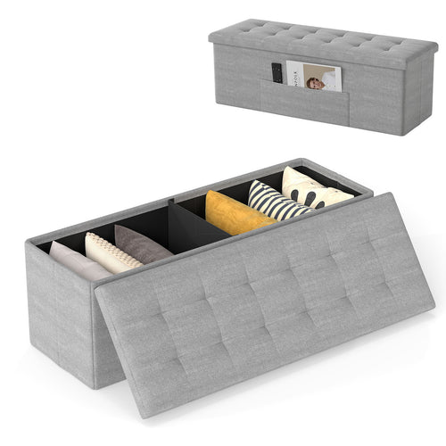 43 Inch Folding Storage Ottoman Bench, Linen, Light Gray