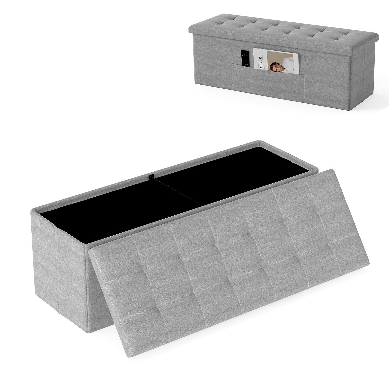 43 Inches Folding Storage Ottoman Bench Linen End of Bed Bench with Padded Seat, Light Gray Shoe Racks & Storage Benches at Gallery Canada