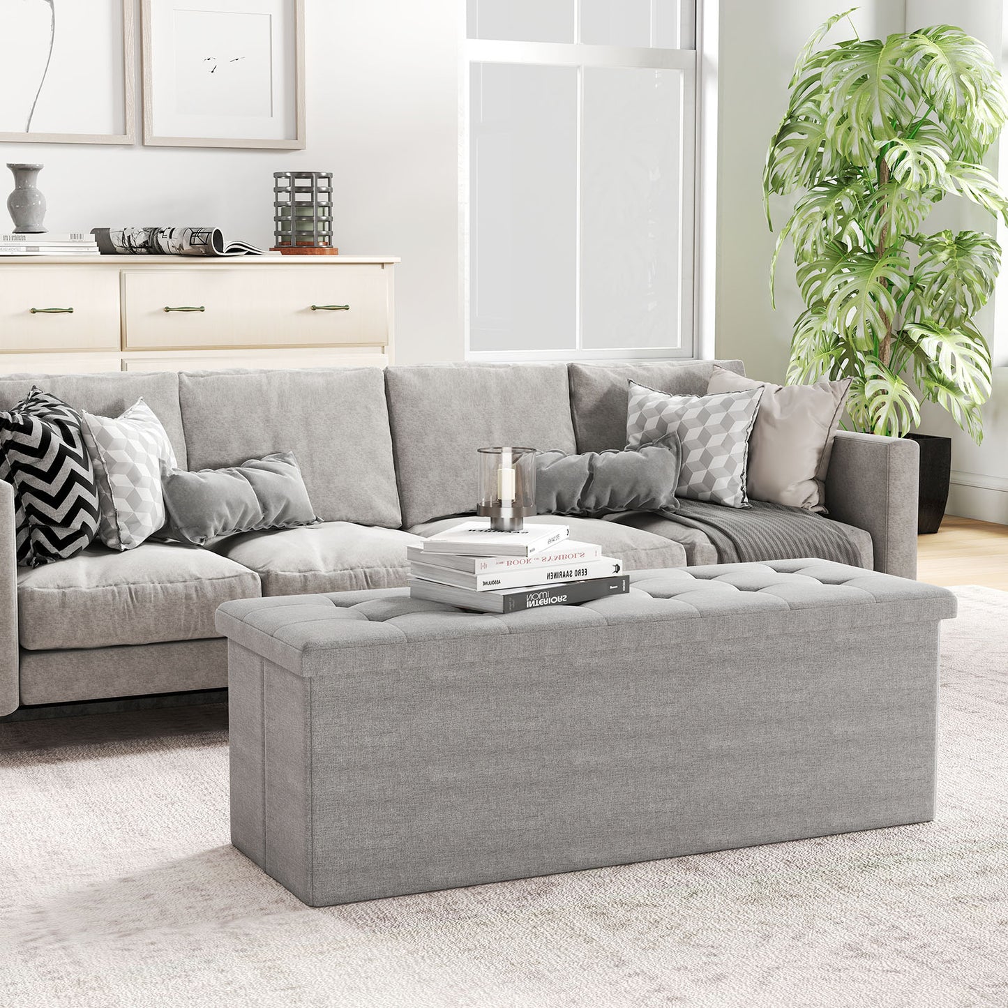 43 Inches Folding Storage Ottoman Bench Linen End of Bed Bench with Padded Seat, Light Gray Shoe Racks & Storage Benches at Gallery Canada