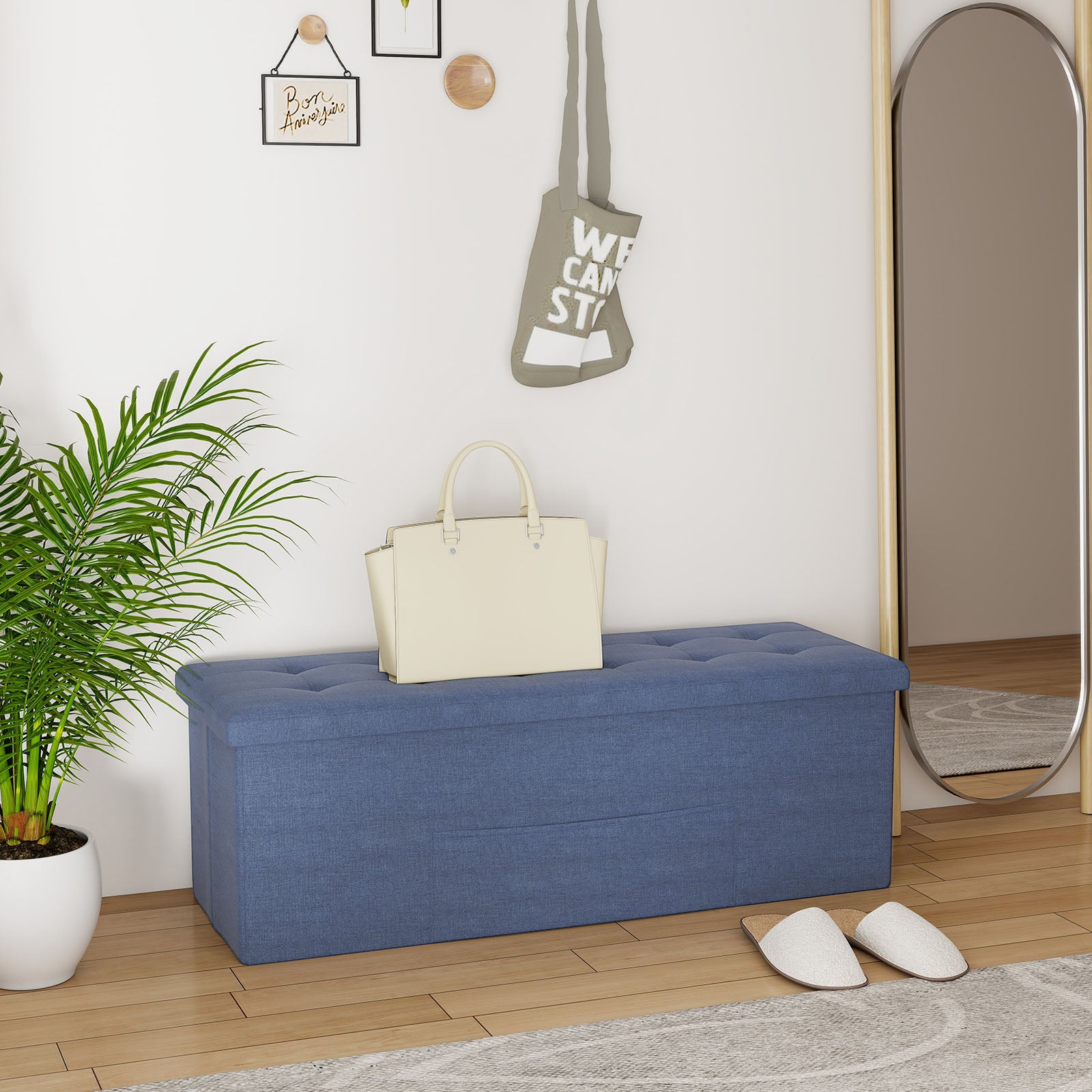 43 Inches Folding Storage Ottoman Bench Linen End of Bed Bench with Padded Seat, Navy Shoe Racks & Storage Benches at Gallery Canada