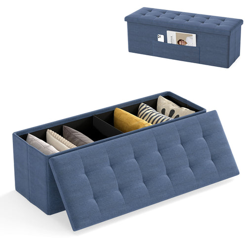 43 Inches Folding Storage Ottoman Bench, Linen Padded Seat, Navy