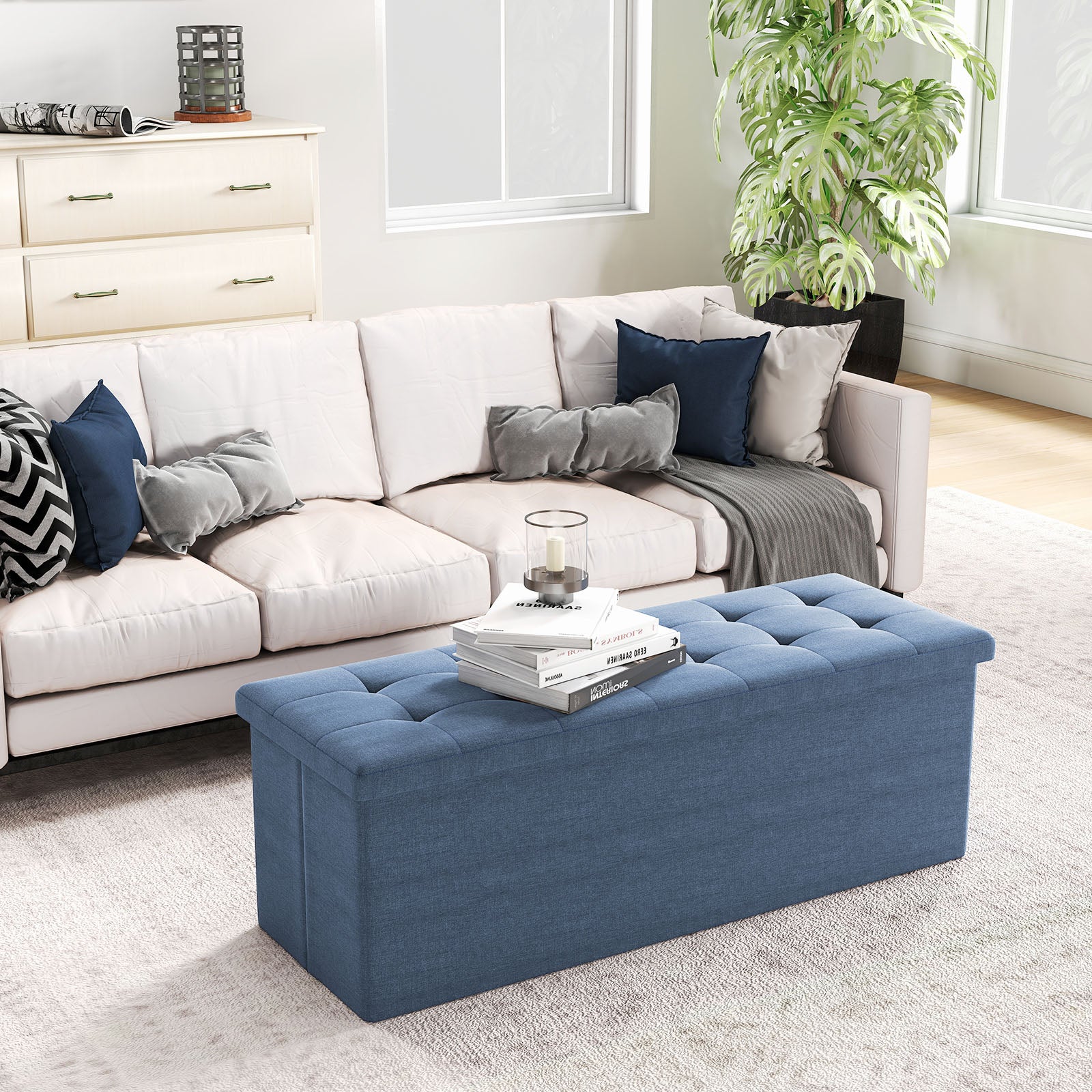 43 Inches Folding Storage Ottoman Bench Linen End of Bed Bench with Padded Seat, Navy Shoe Racks & Storage Benches at Gallery Canada