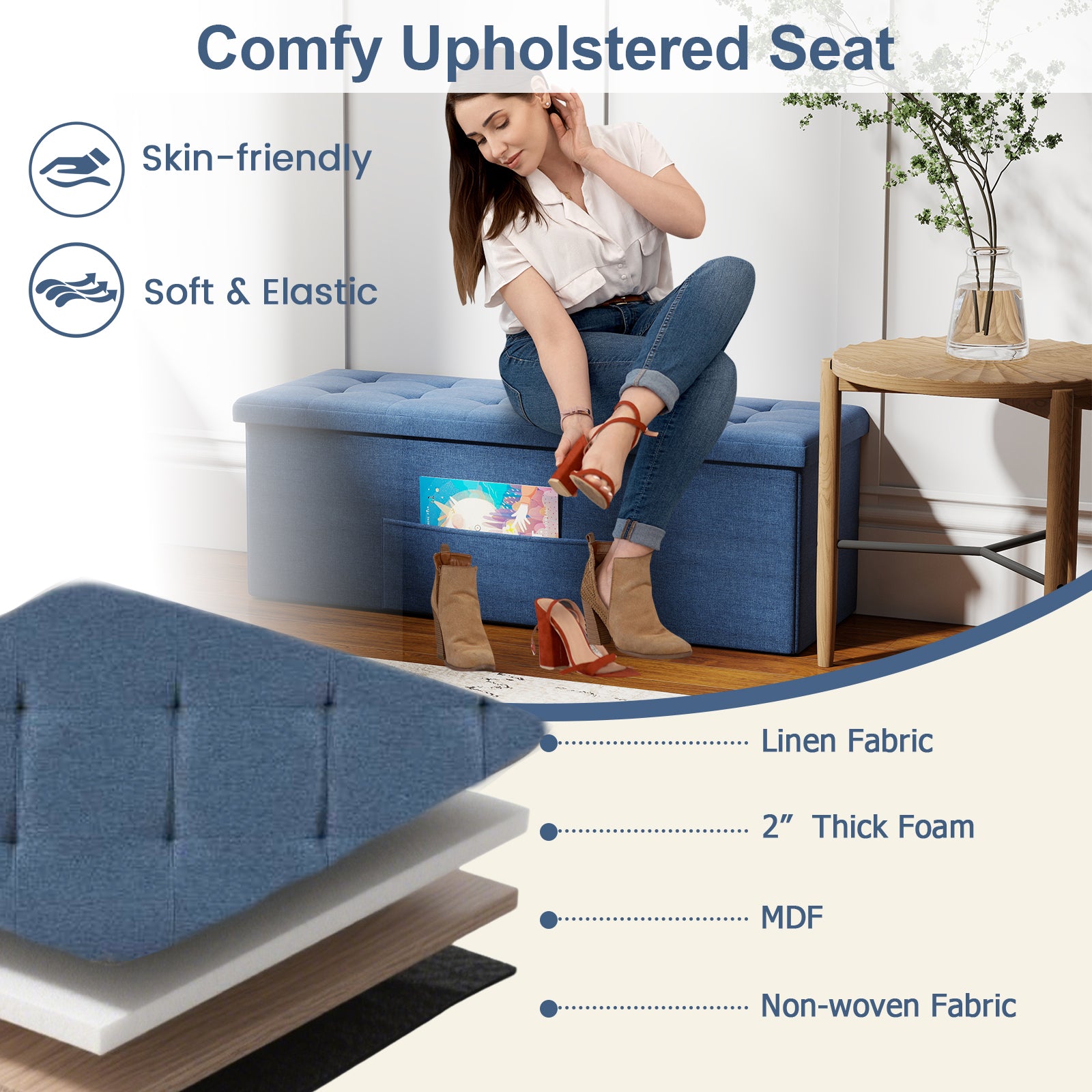 43 Inches Folding Storage Ottoman Bench Linen End of Bed Bench with Padded Seat, Navy Shoe Racks & Storage Benches at Gallery Canada