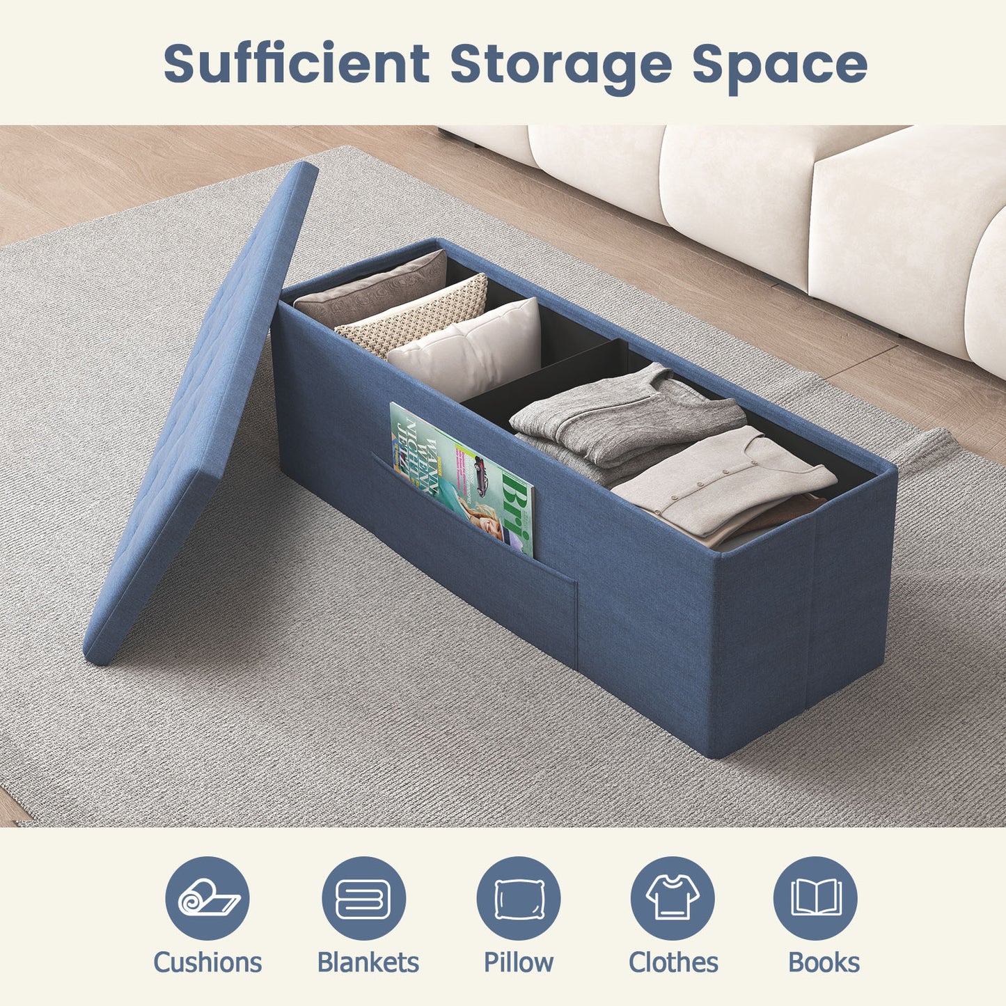 43 Inches Folding Storage Ottoman Bench Linen End of Bed Bench with Padded Seat, Navy Shoe Racks & Storage Benches at Gallery Canada