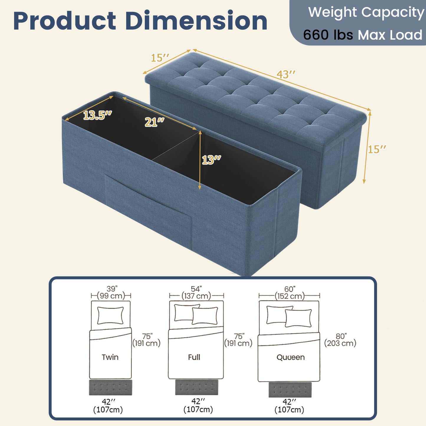 43 Inches Folding Storage Ottoman Bench Linen End of Bed Bench with Padded Seat, Navy Shoe Racks & Storage Benches at Gallery Canada