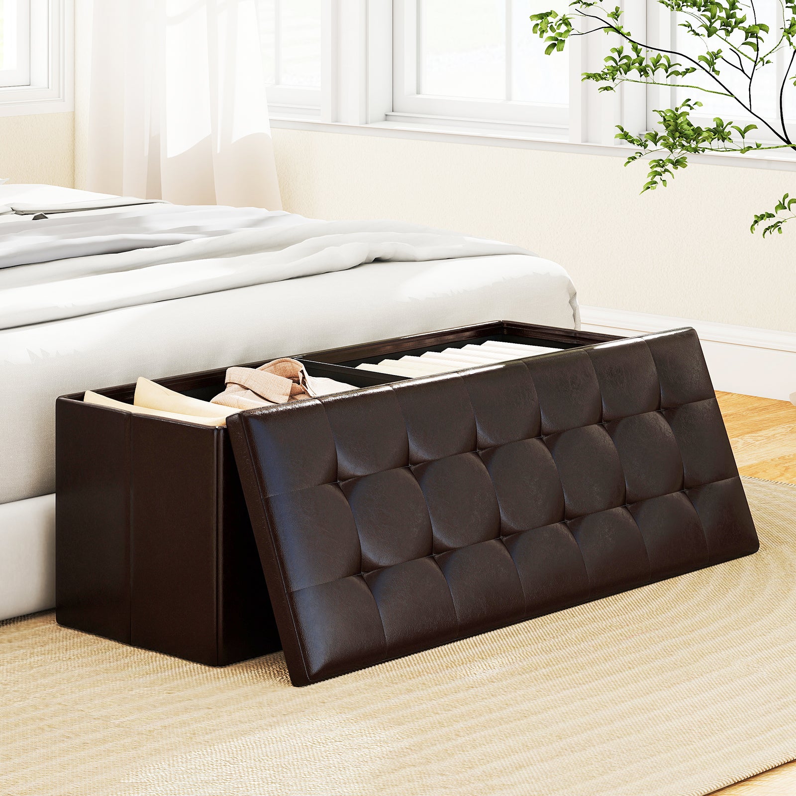 43 Inches Folding Storage Ottoman Bench Foot Rest Stool End of Bed Bench, Brown Shoe Racks & Storage Benches at Gallery Canada