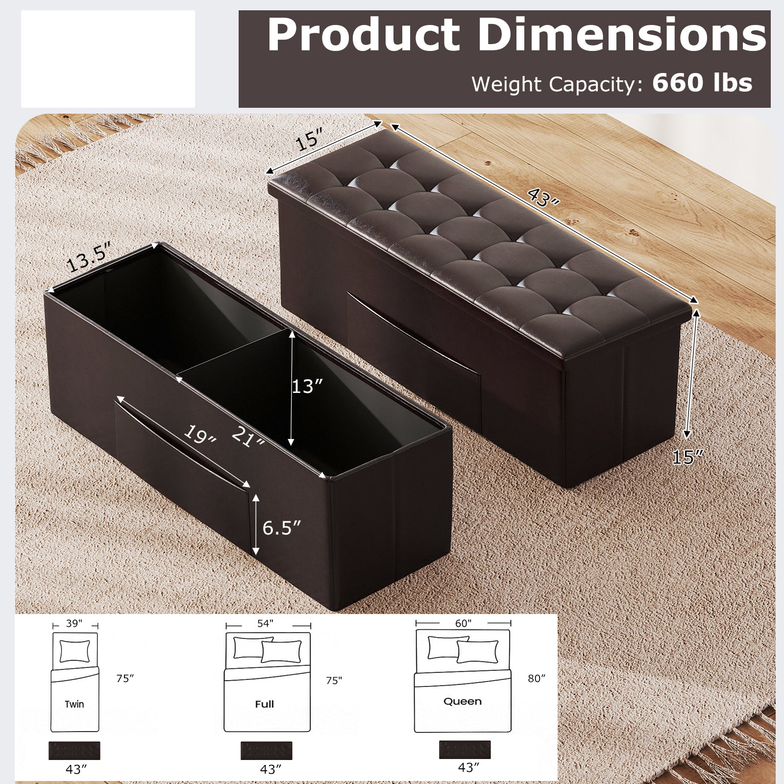 43 Inches Folding Storage Ottoman Bench Foot Rest Stool End of Bed Bench, Brown Shoe Racks & Storage Benches at Gallery Canada