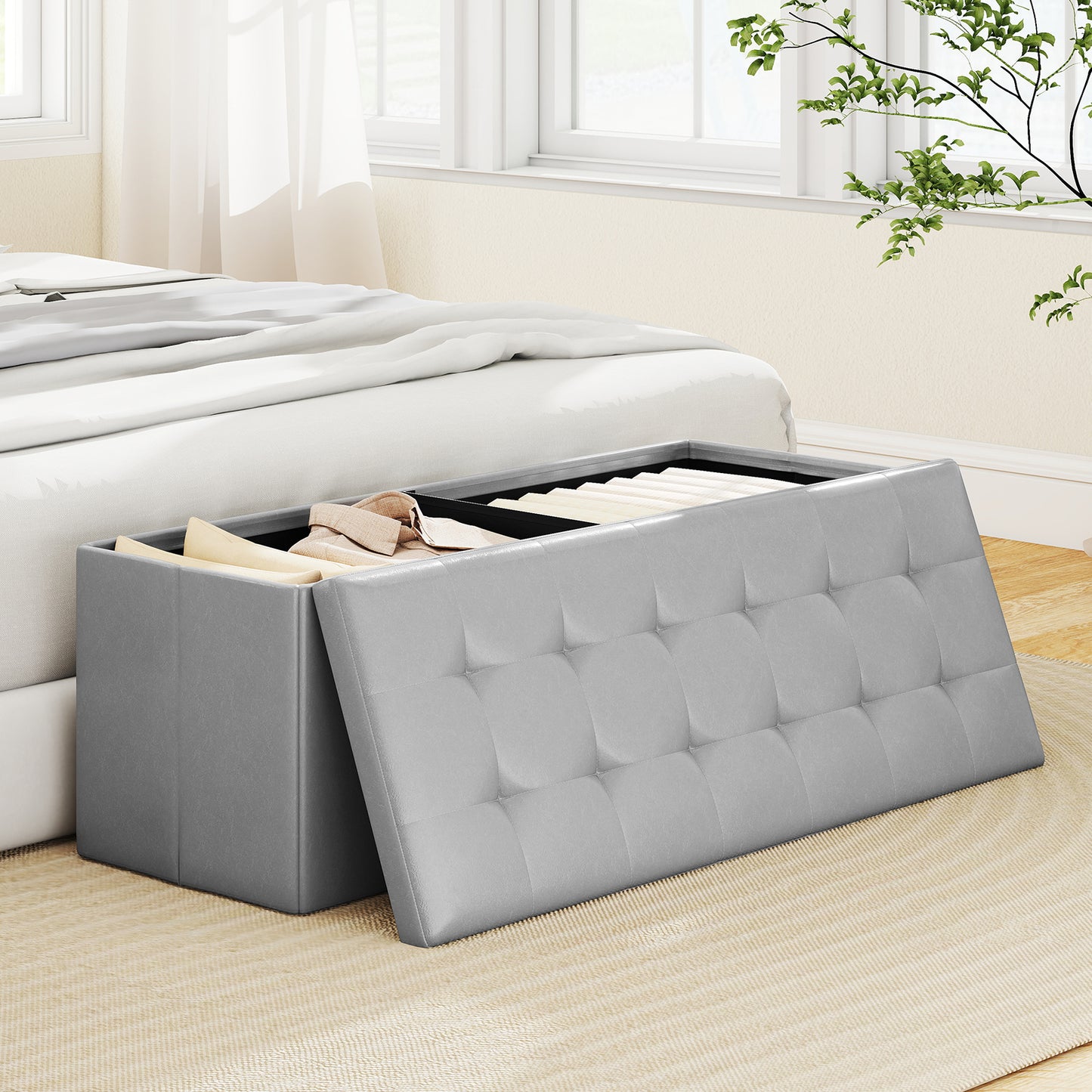 43 Inches Folding Storage Ottoman Bench Foot Rest Stool End of Bed Bench, Gray Shoe Racks & Storage Benches at Gallery Canada