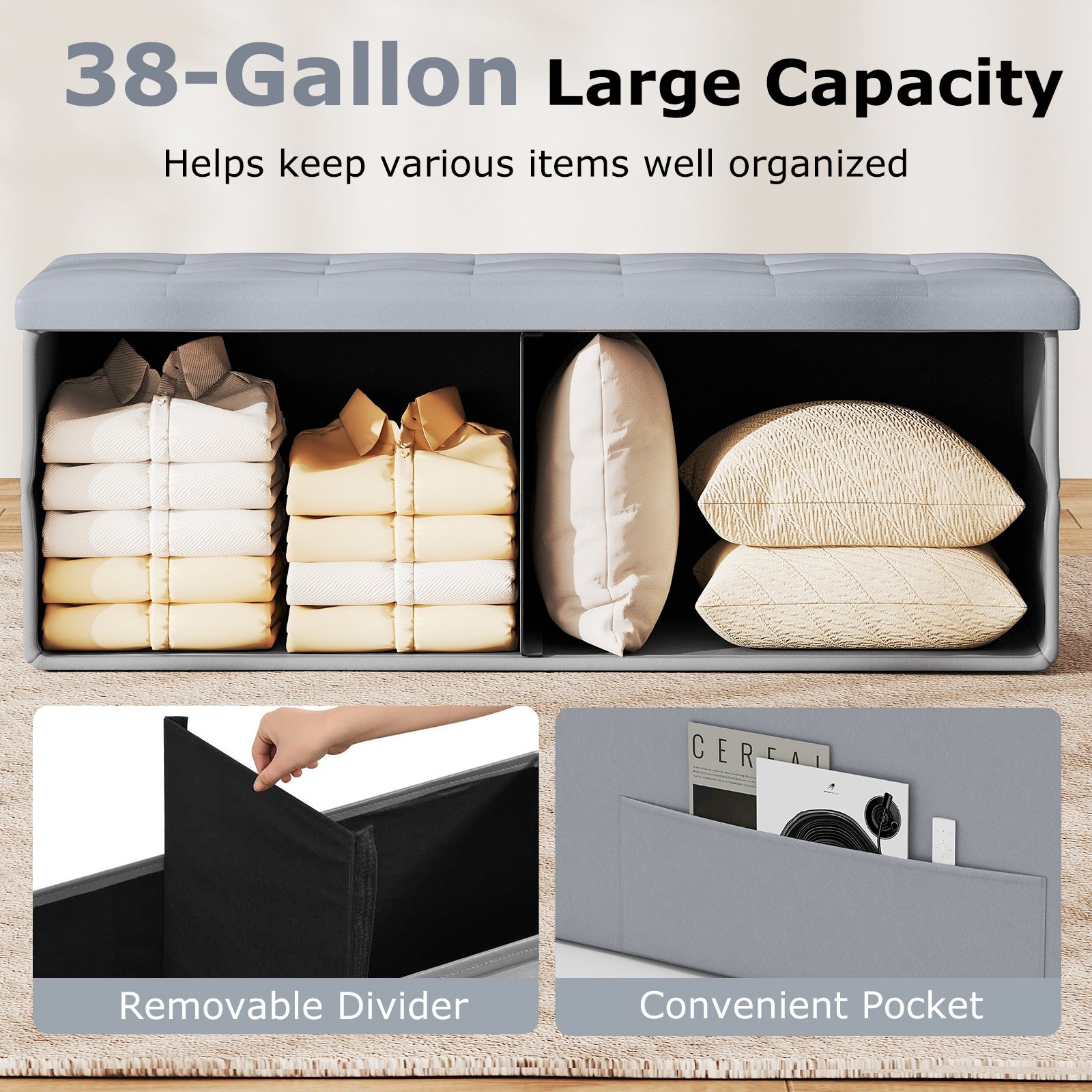 43 Inches Folding Storage Ottoman Bench Foot Rest Stool End of Bed Bench, Gray Shoe Racks & Storage Benches at Gallery Canada