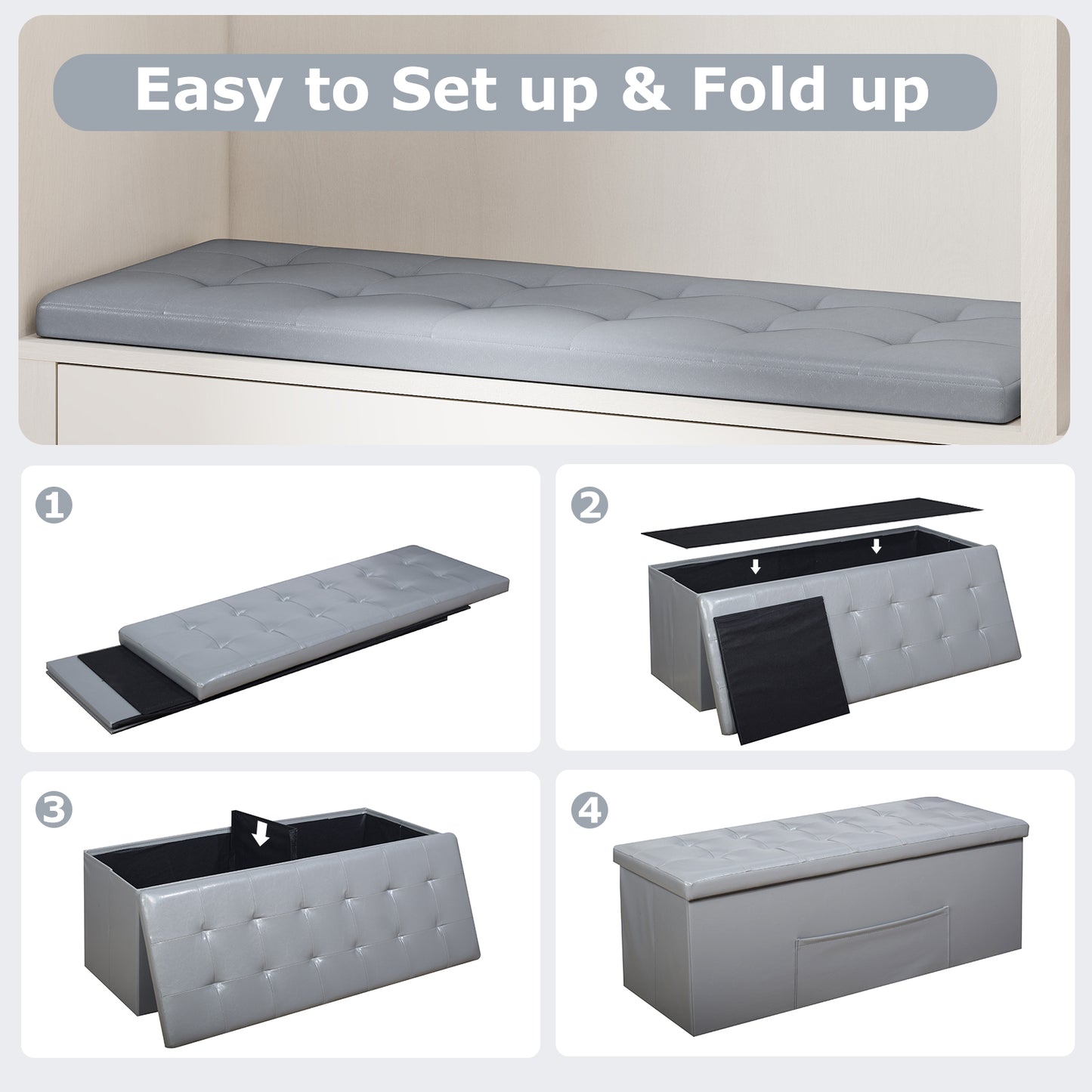43 Inches Folding Storage Ottoman Bench Foot Rest Stool End of Bed Bench, Gray Shoe Racks & Storage Benches at Gallery Canada
