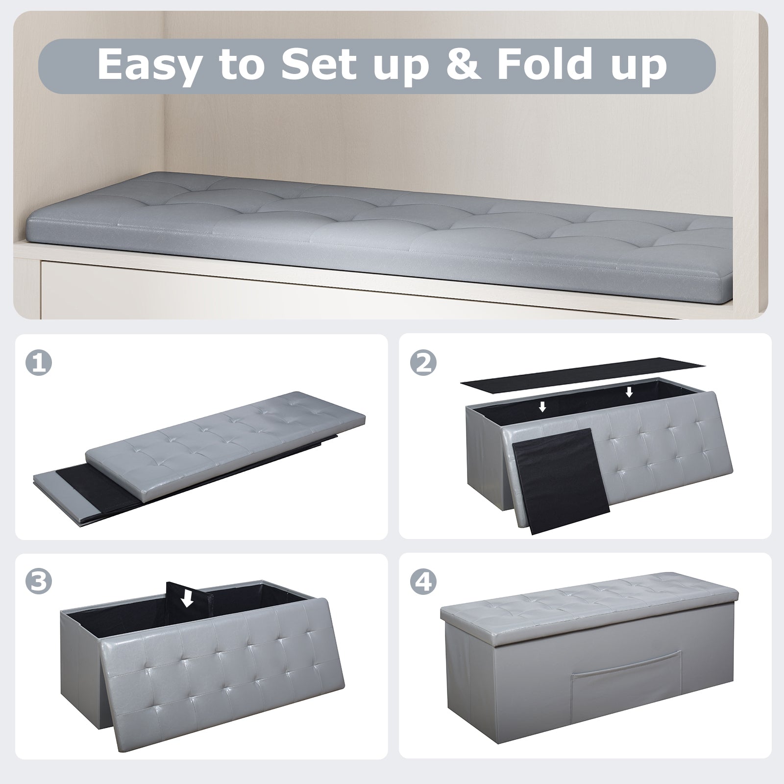 43 Inches Folding Storage Ottoman Bench Foot Rest Stool End of Bed Bench, Gray Shoe Racks & Storage Benches at Gallery Canada