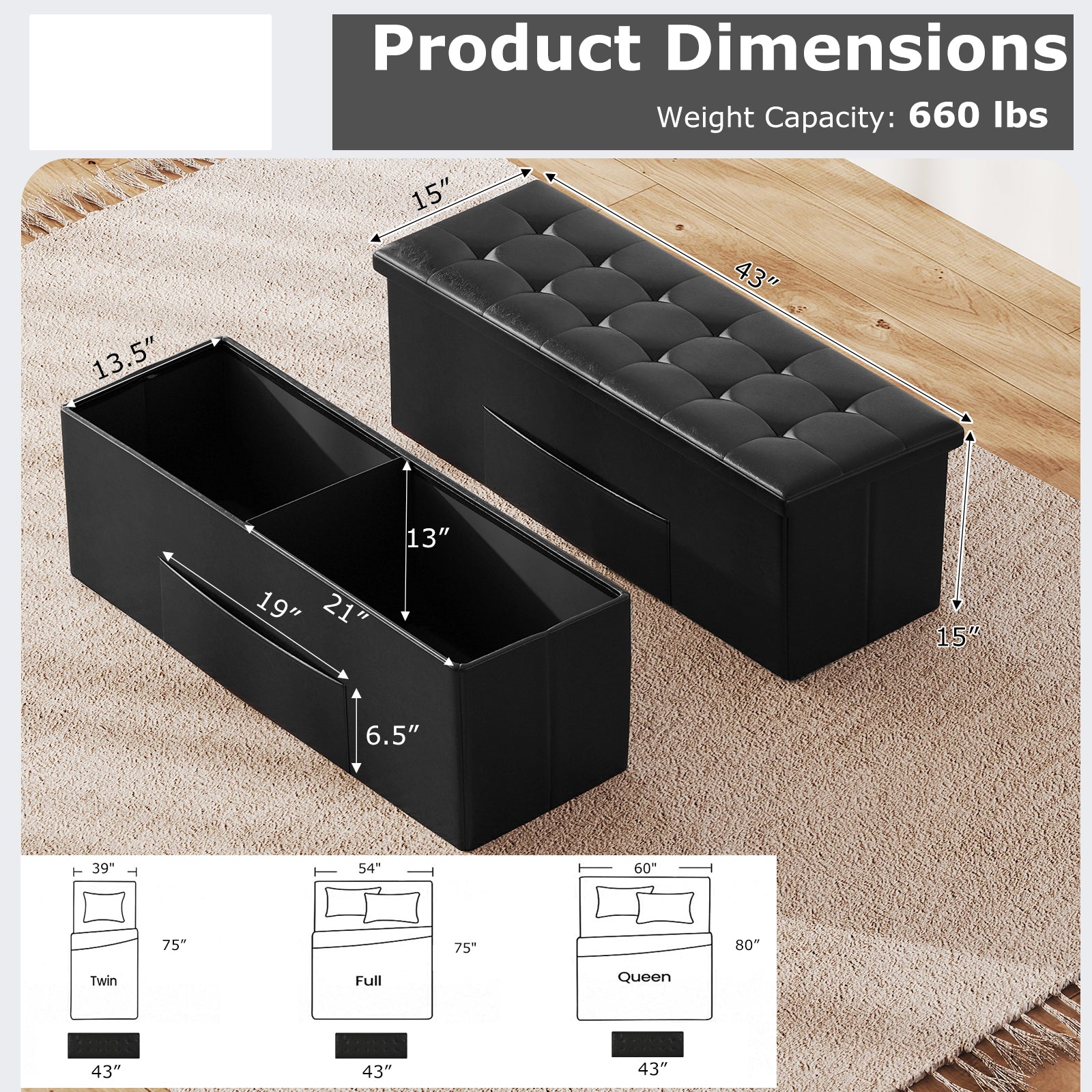 43 Inches Folding Storage Ottoman Bench Foot Rest Stool End of Bed Bench, Black Shoe Racks & Storage Benches at Gallery Canada