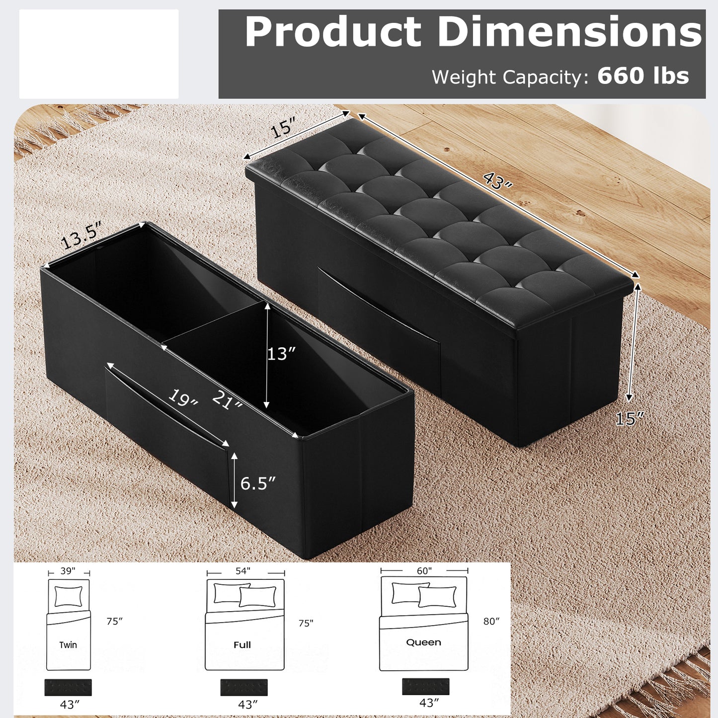 43 Inches Folding Storage Ottoman Bench Foot Rest Stool End of Bed Bench, Black Shoe Racks & Storage Benches at Gallery Canada