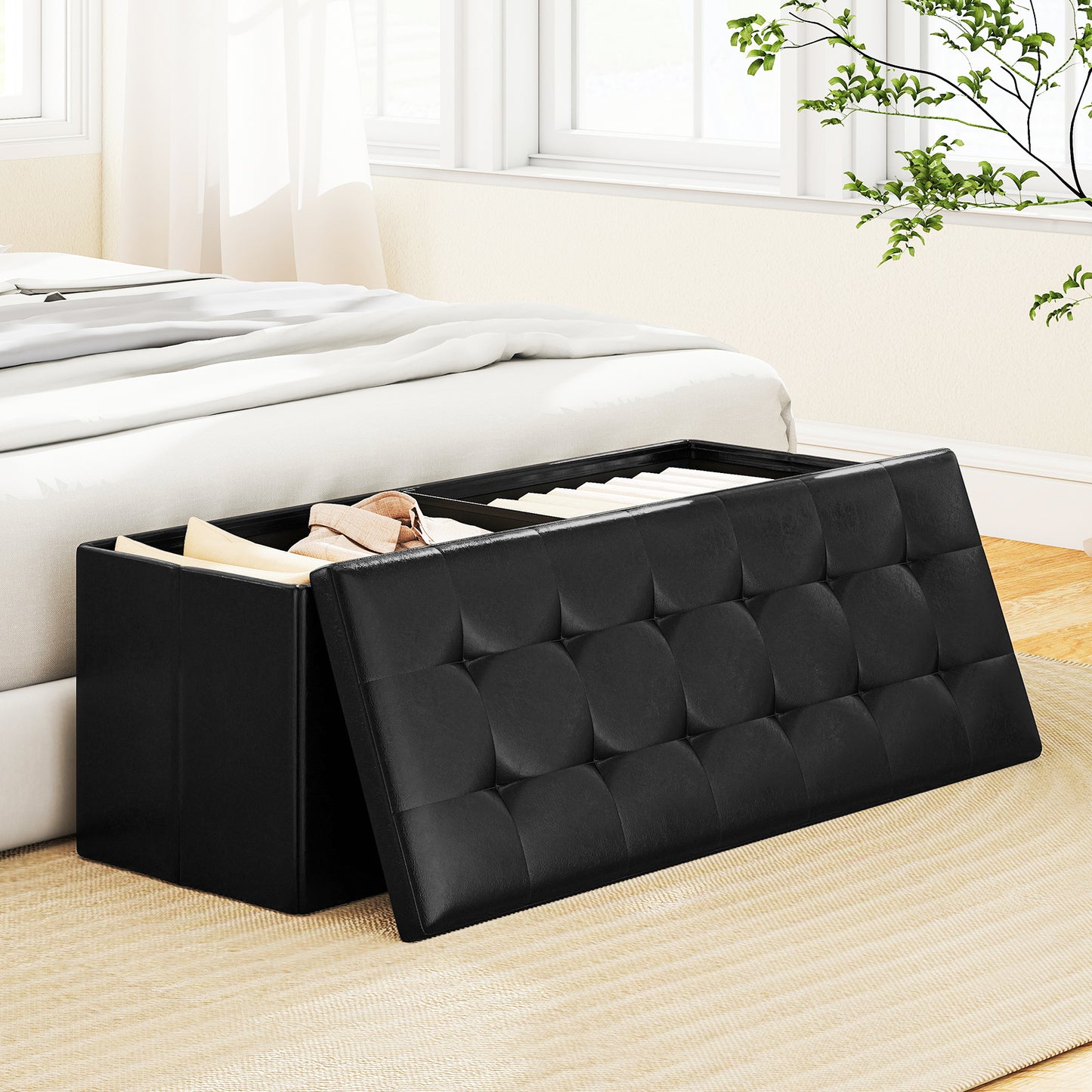 43 Inches Folding Storage Ottoman Bench Foot Rest Stool End of Bed Bench, Black Shoe Racks & Storage Benches at Gallery Canada